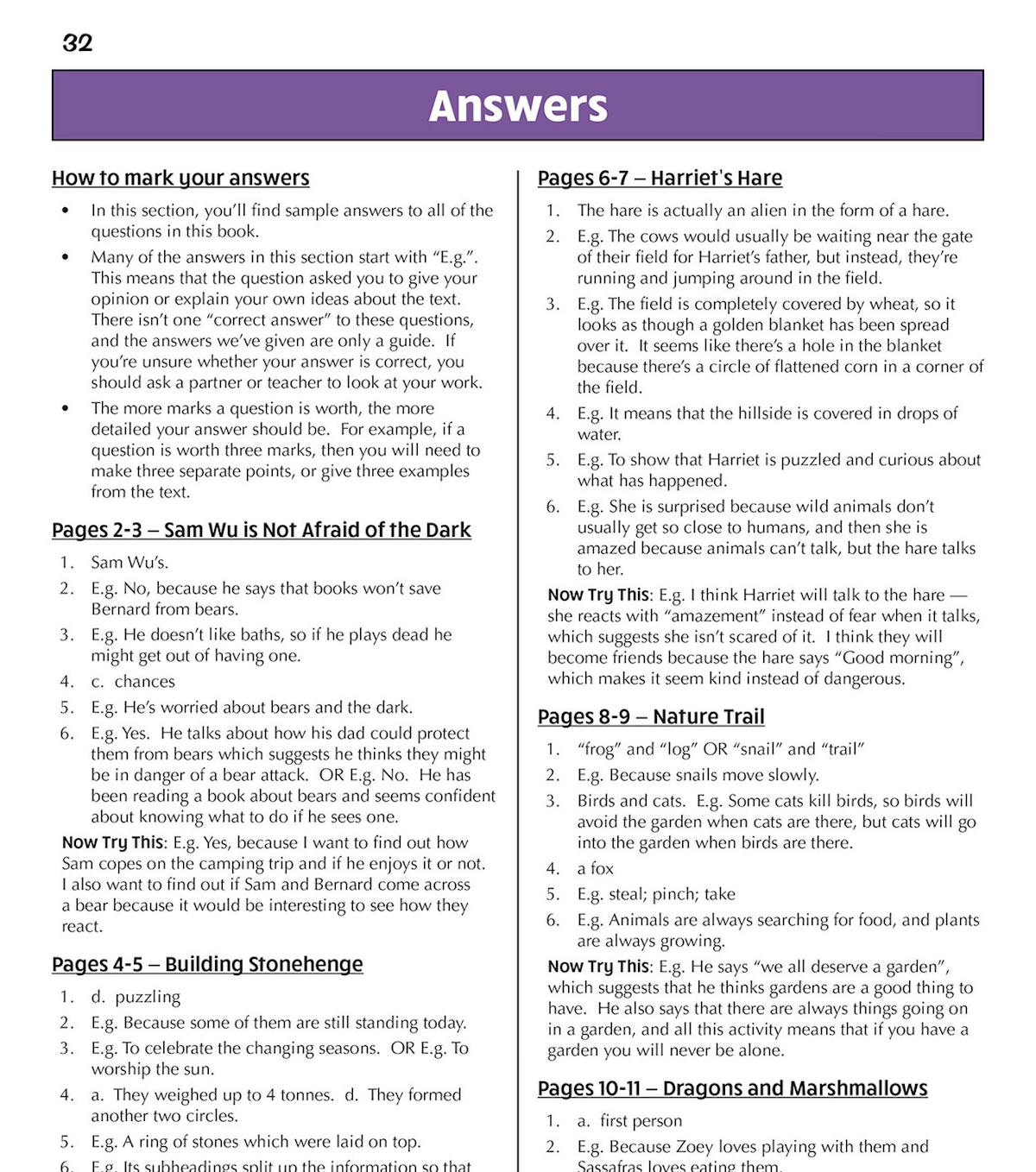 Sample answers page showing detailed marking guidance and example responses