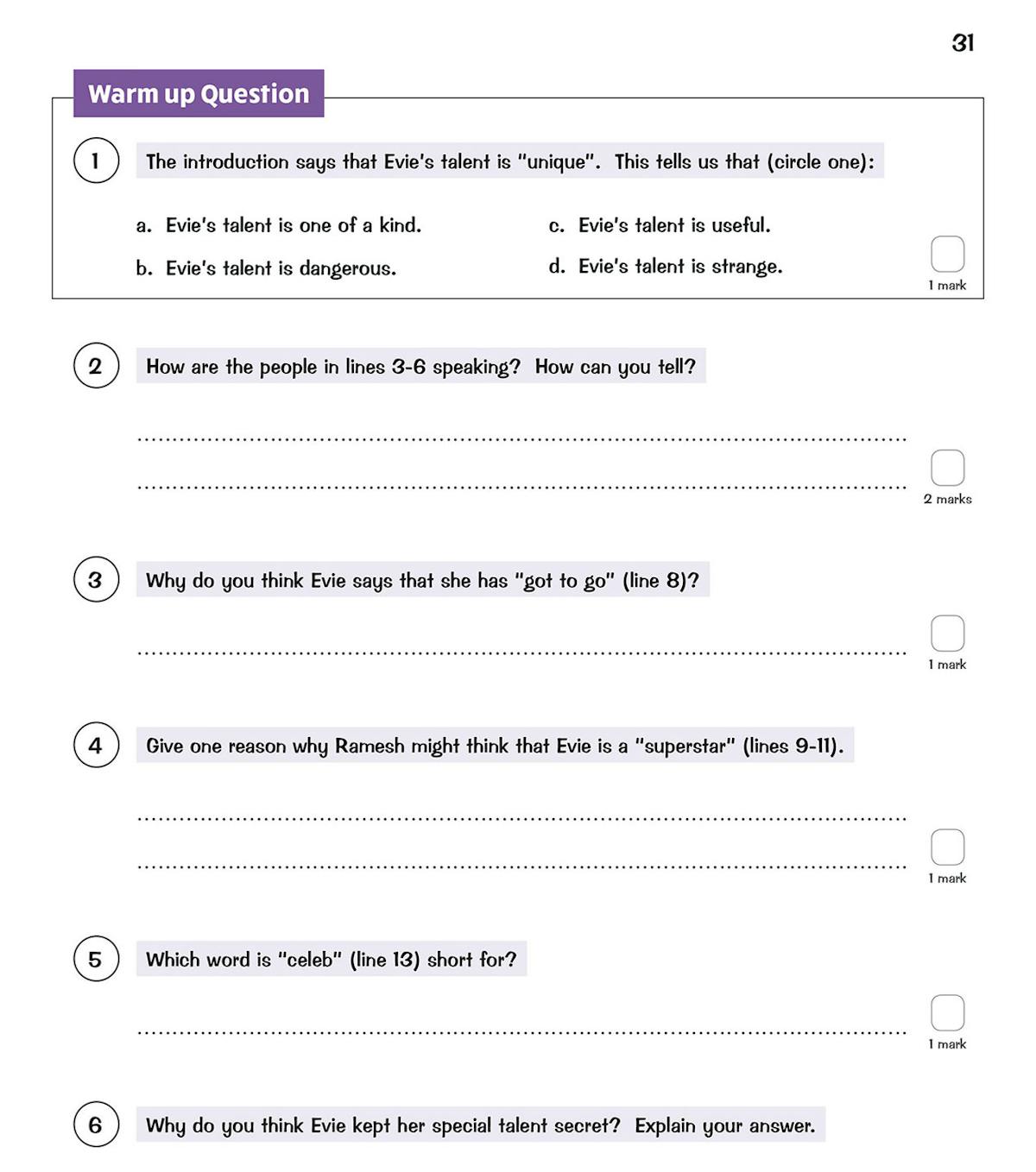 Sample page showing a warm-up question and several comprehension questions with answer spaces
