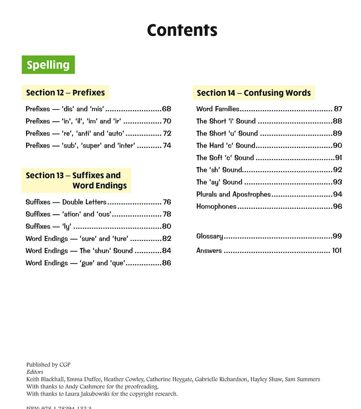 Contents page showing spelling topics including prefixes, suffixes, confusing words and word endings