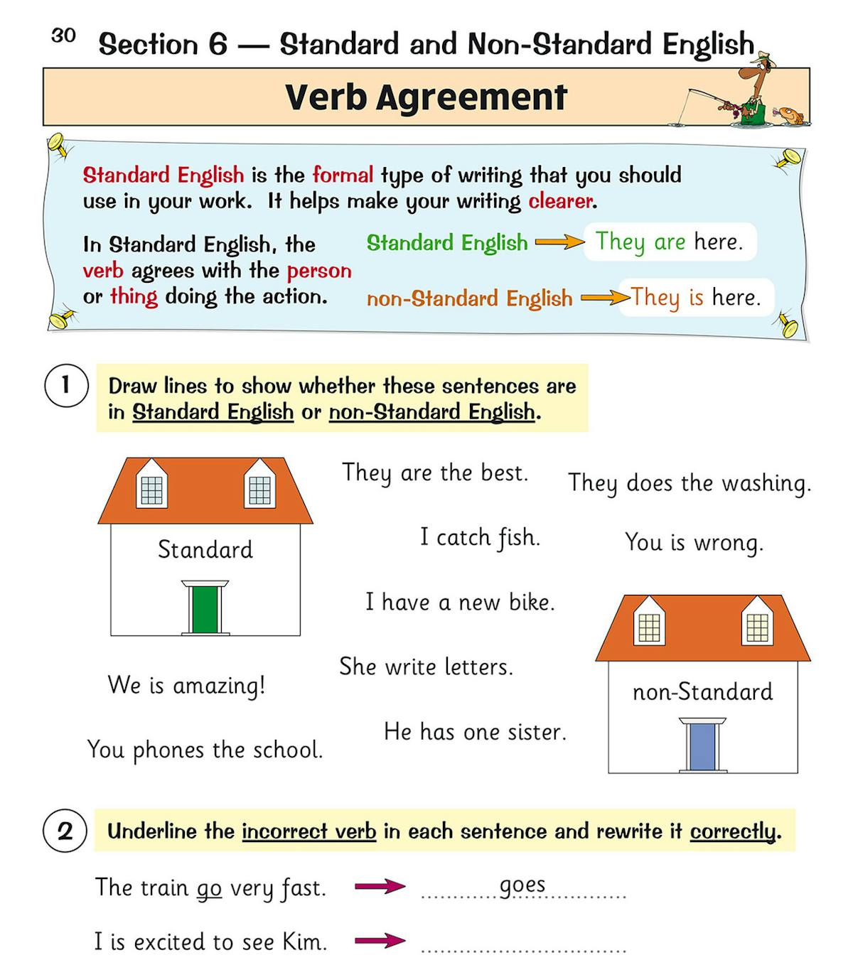 Sample grammar exercise page on verb agreement with standard and non-standard English
