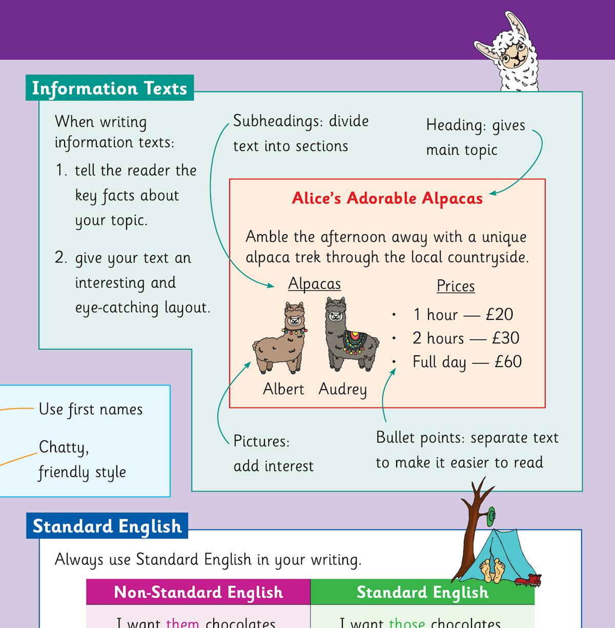 Information texts page showing how to write non-fiction with headings, subheadings, bullet points and Standard English examples