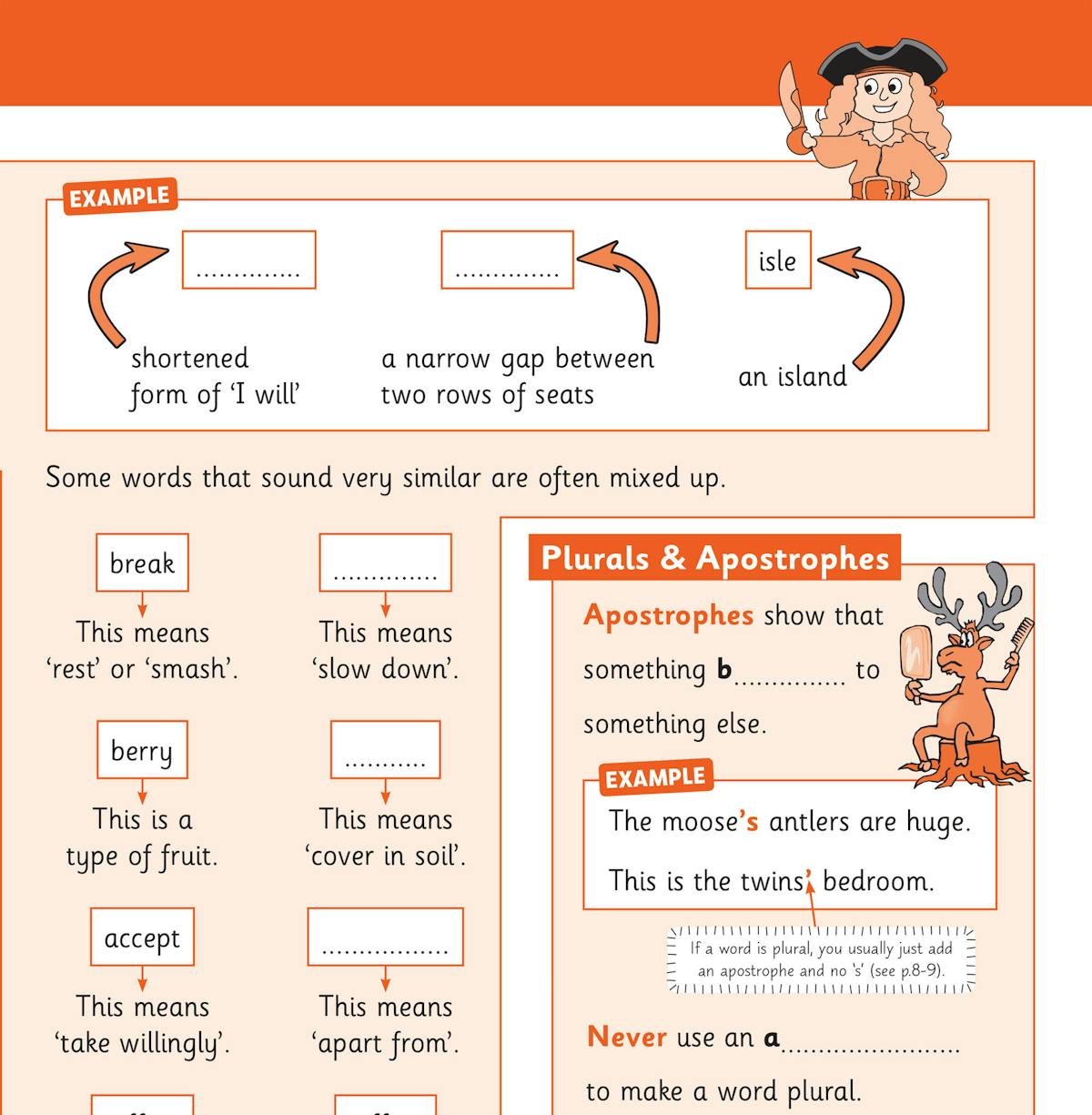Page showing homophones exercises, plurals and apostrophes rules with worked examples and practice boxes