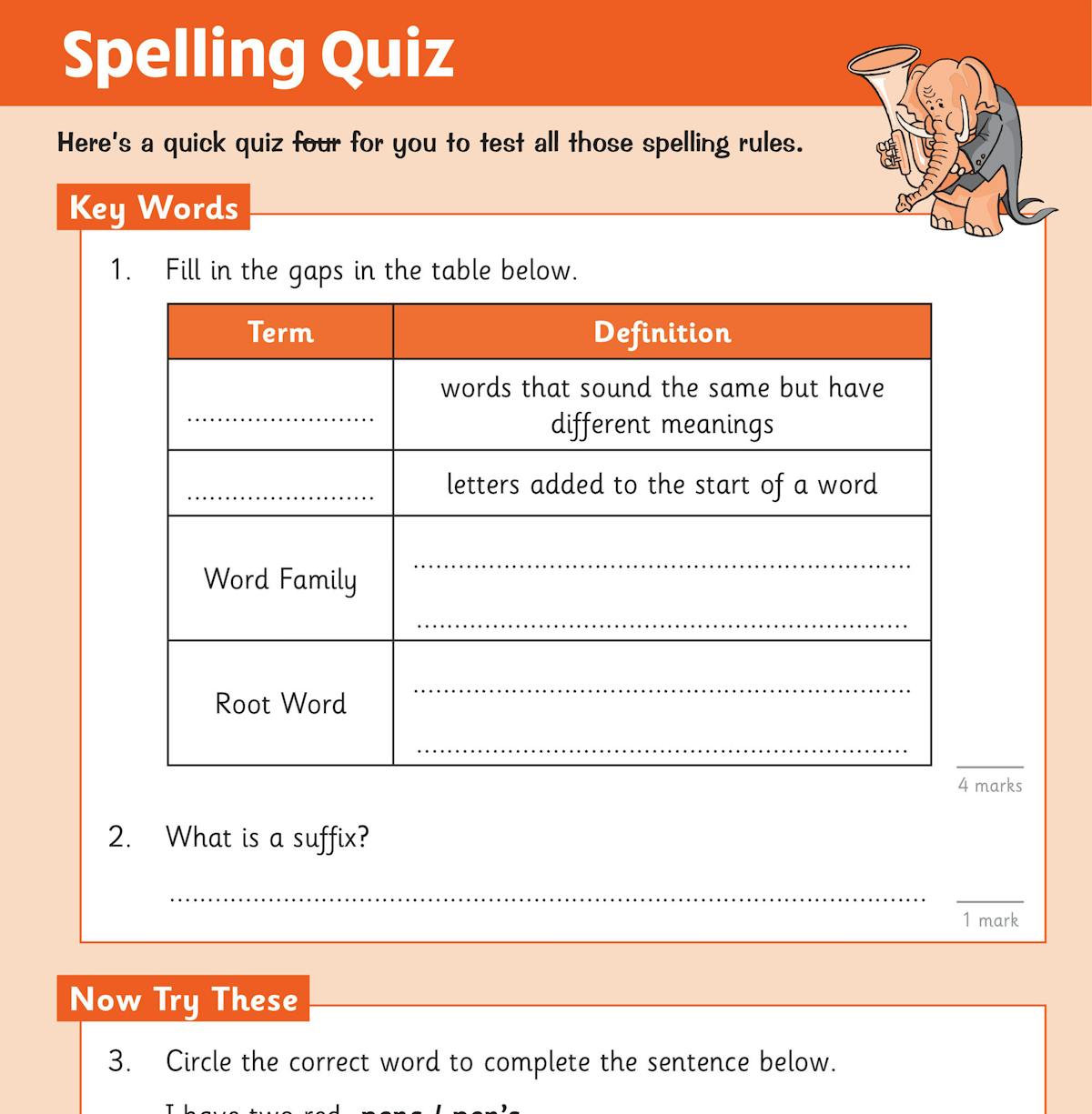Spelling quiz page with fill-in key words, definitions and exercises on homophones, prefixes, suffixes and word families