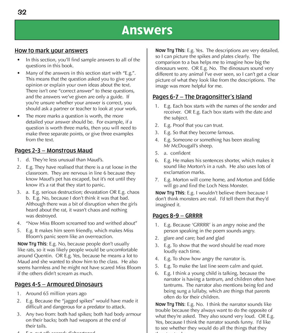 Answers section from the workbook showing detailed sample responses and marking guidance for multiple comprehension texts