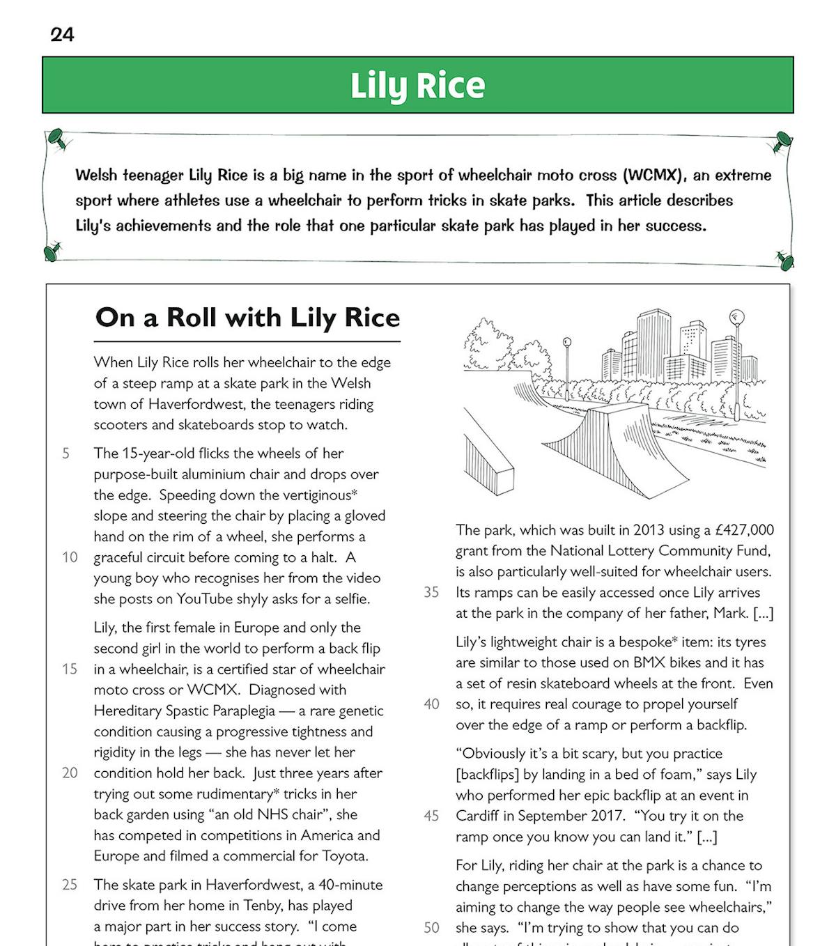 Inside page from the Year 4 reading comprehension workbook showing a text about Lily Rice, a teenage wheelchair athlete, with accompanying questions and glossary