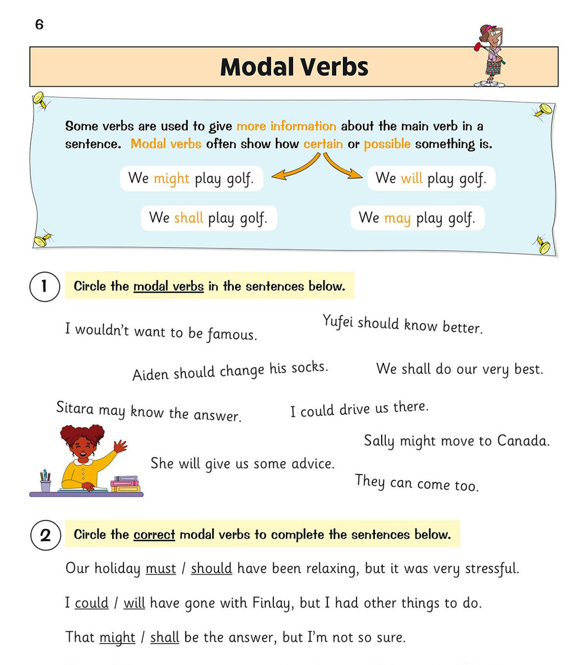 Sample page with sentence construction exercises and modal verb practice