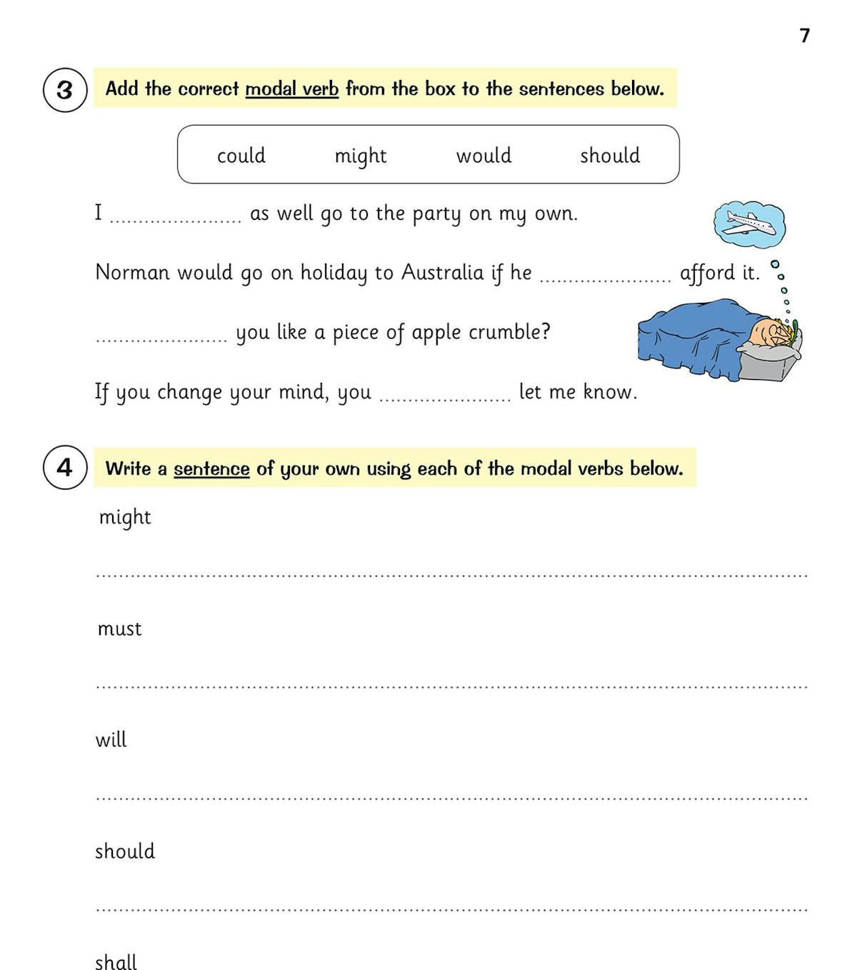 Sample page showing modal verbs explanation and practice questions