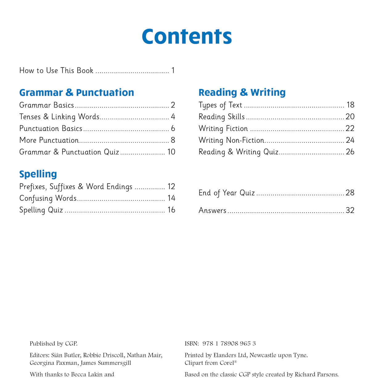 Contents page showing Grammar, Punctuation, Spelling, and Reading & Writing sections with answers included