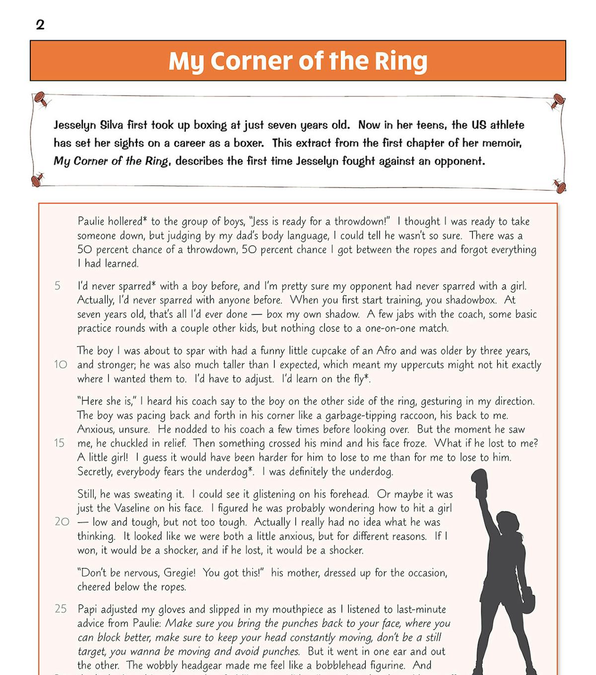 Sample page from the book showing an extract from My Corner of the Ring with comprehension questions