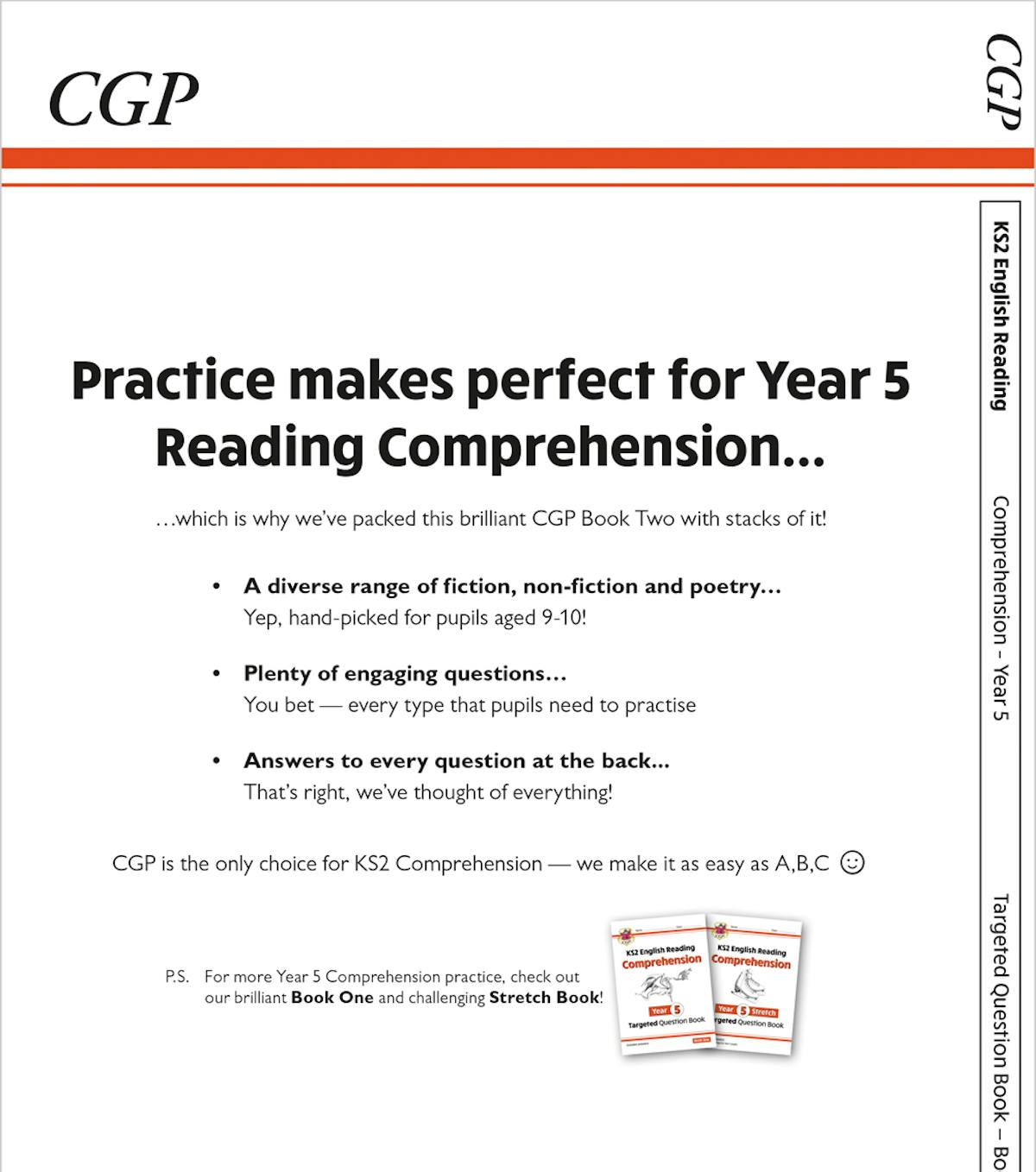 Back cover of CGP Year 5 Reading Comprehension Book 2 showing key features and contents