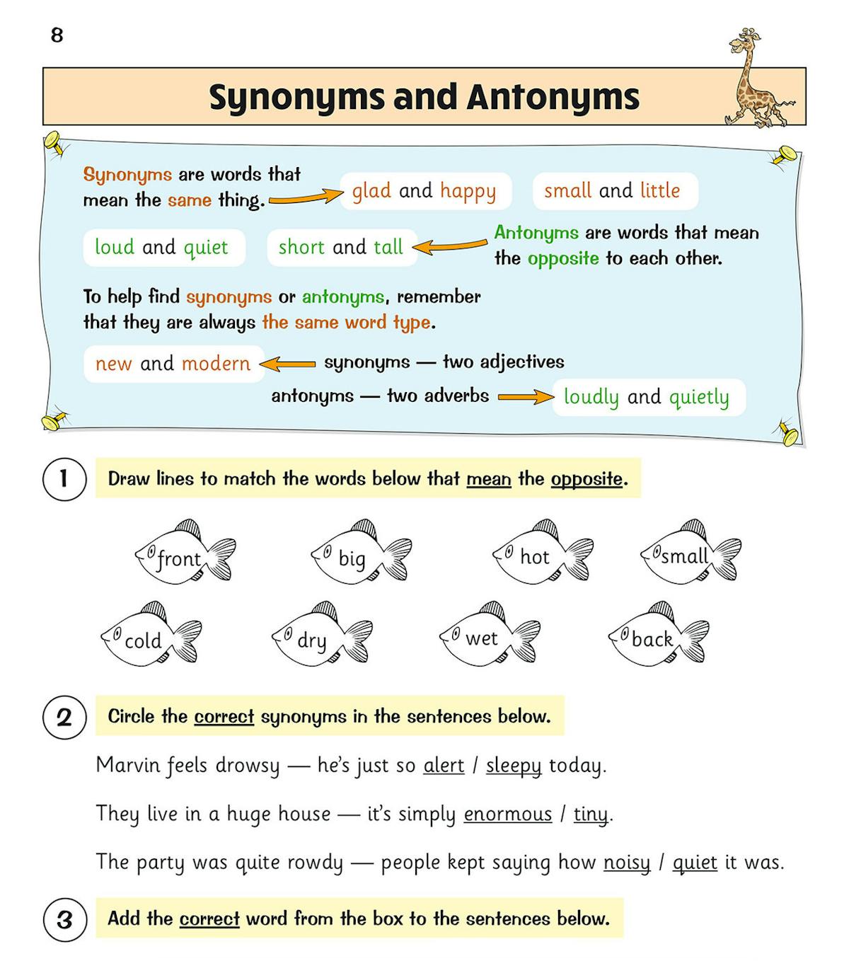 Sample page on sentence structure showing subject and object identification exercises with diagrams