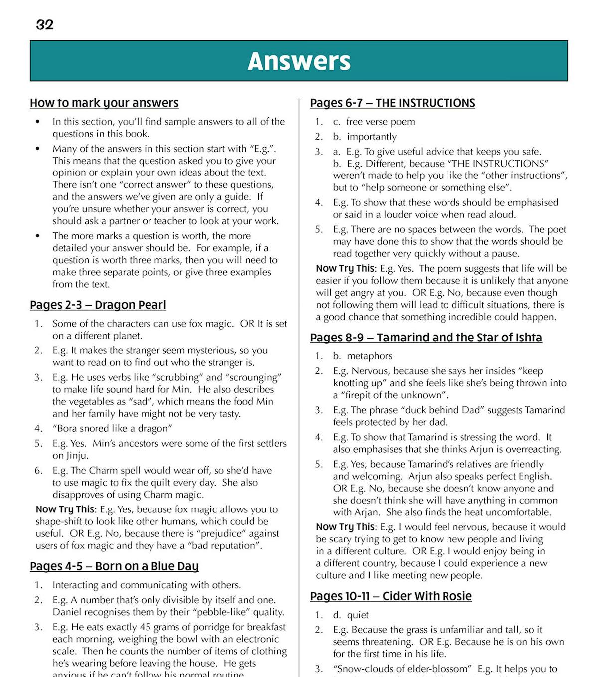 Sample answers page from the workbook showing detailed explanations and marking guidance