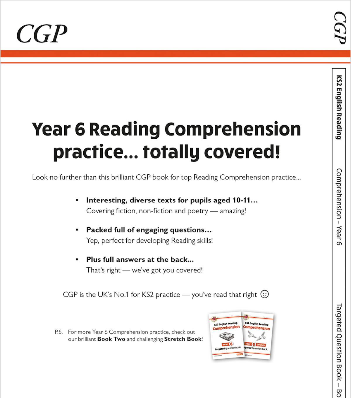 Back cover of the Year 6 Reading Comprehension workbook showing key features and practice details