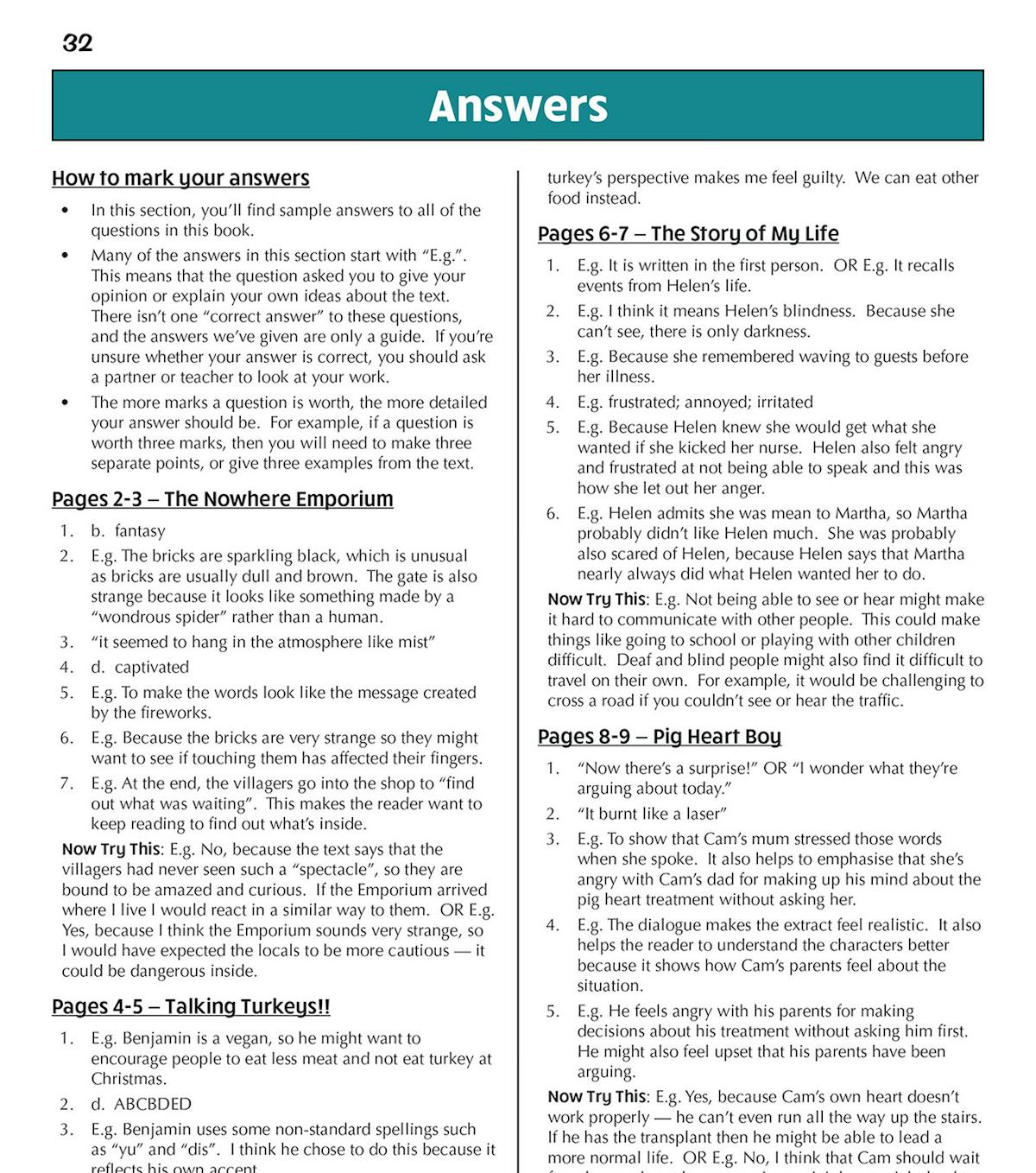 Answer pages showing sample answers and marking guidance