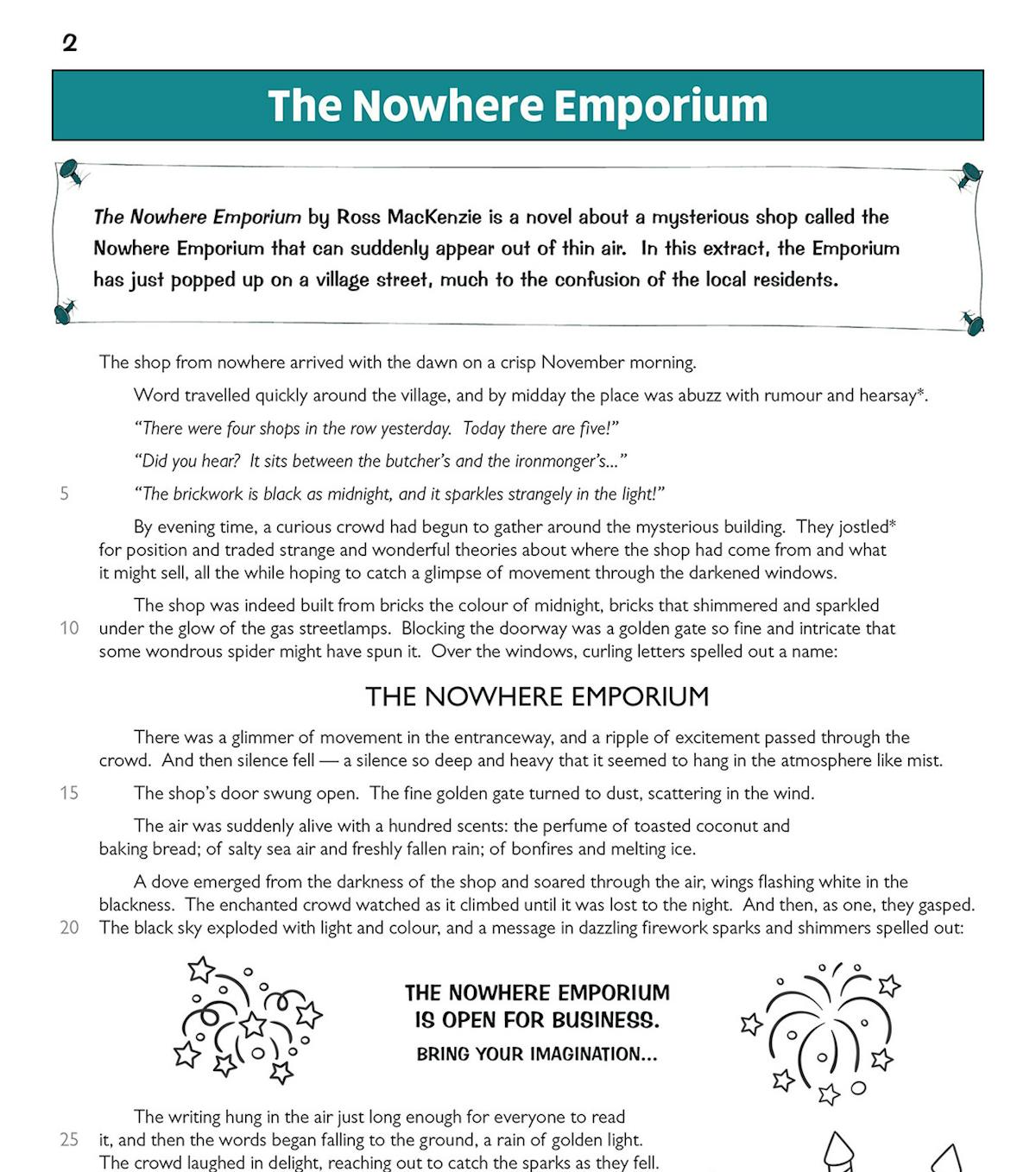 Sample page from The Nowhere Emporium showing comprehension questions