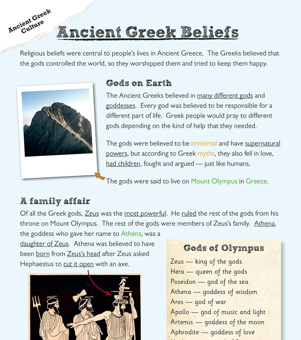 Inside page showing Ancient Greek beliefs, gods on Mount Olympus and illustrated text