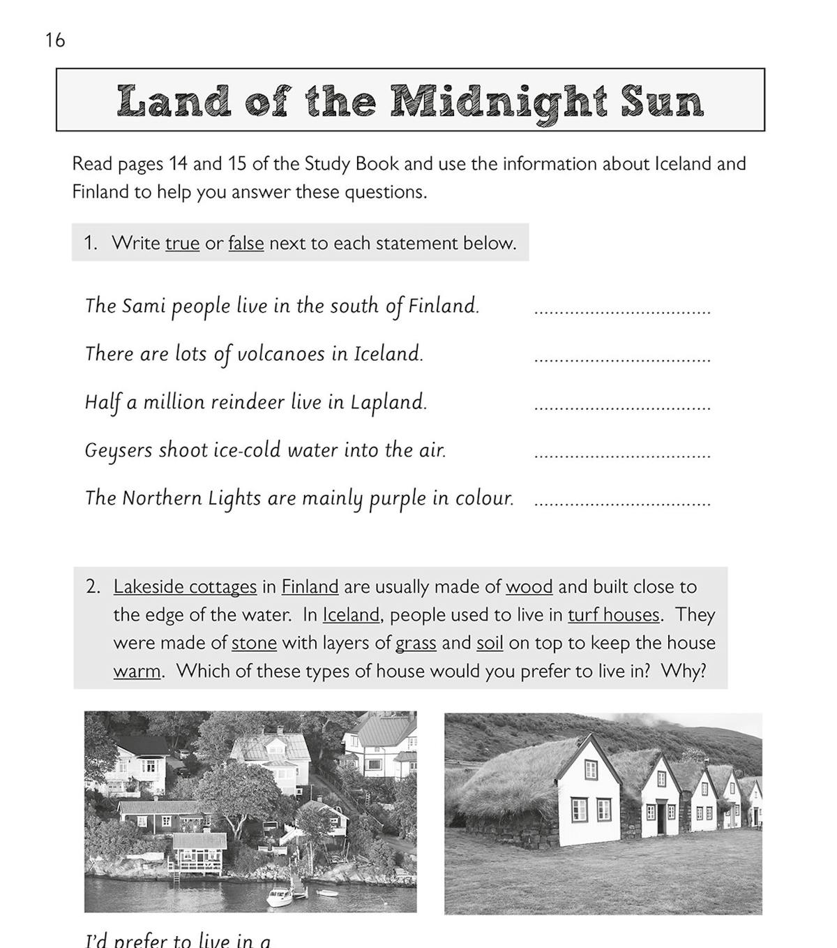 Sample pages from the Europe Activity Book showing activities about Iceland and Finland