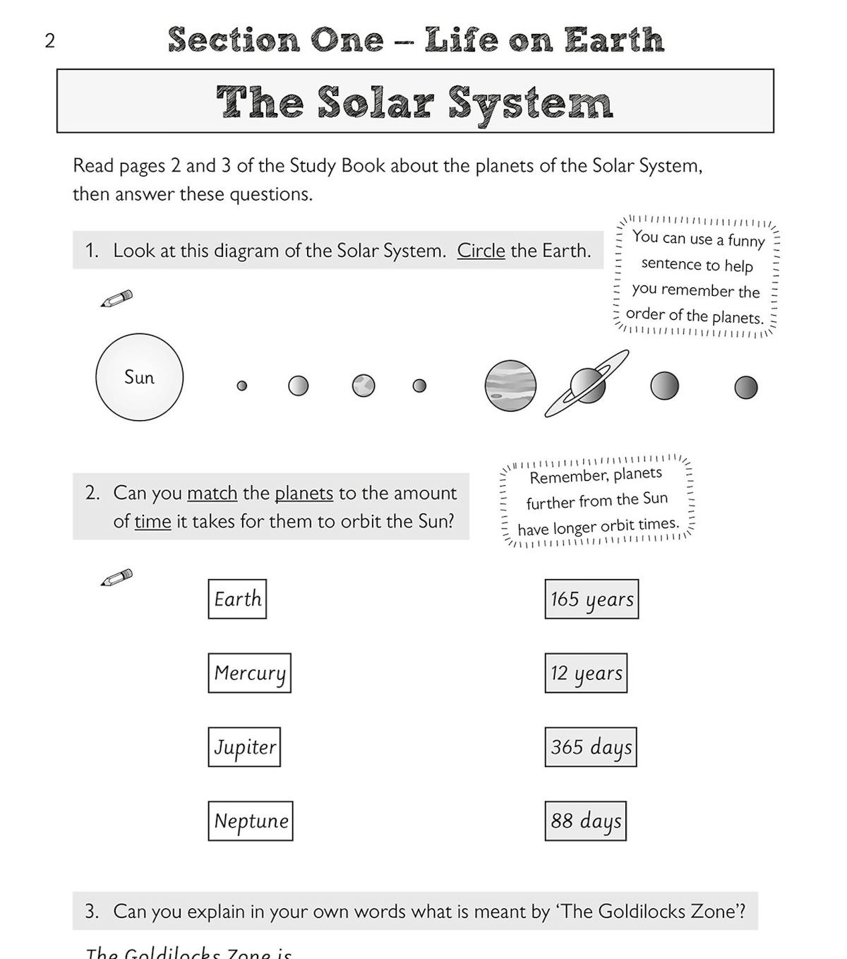 Sample page with true-or-false statements about planets and a Solar System crossword puzzle