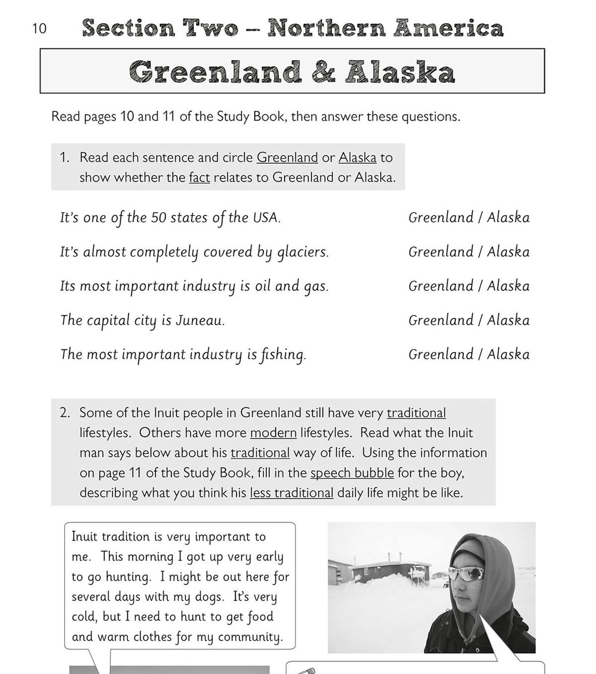 Activity page showing Greenland and Alaska geography exercises