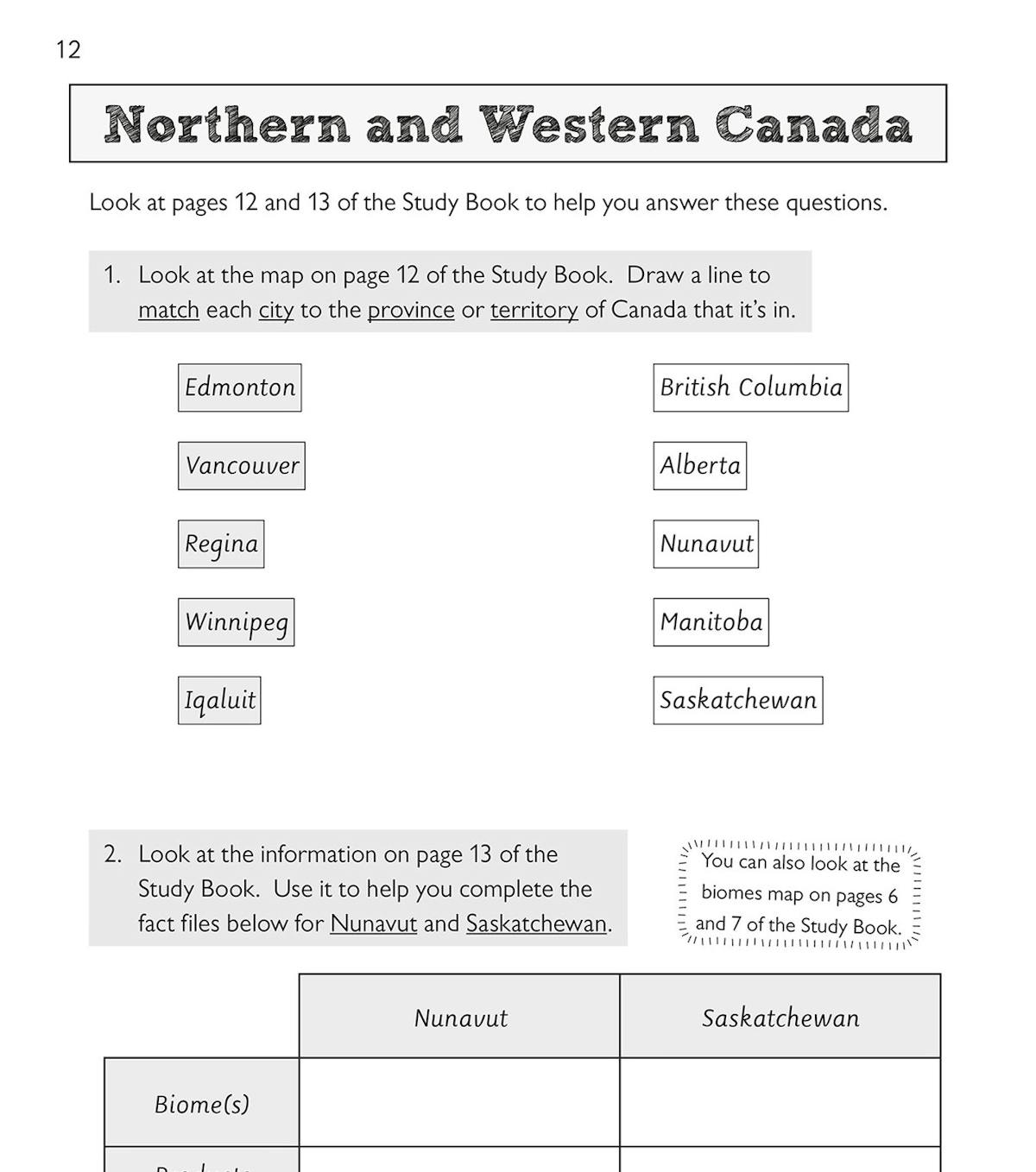Activity page on Northern and Western Canada with matching and fact file exercises