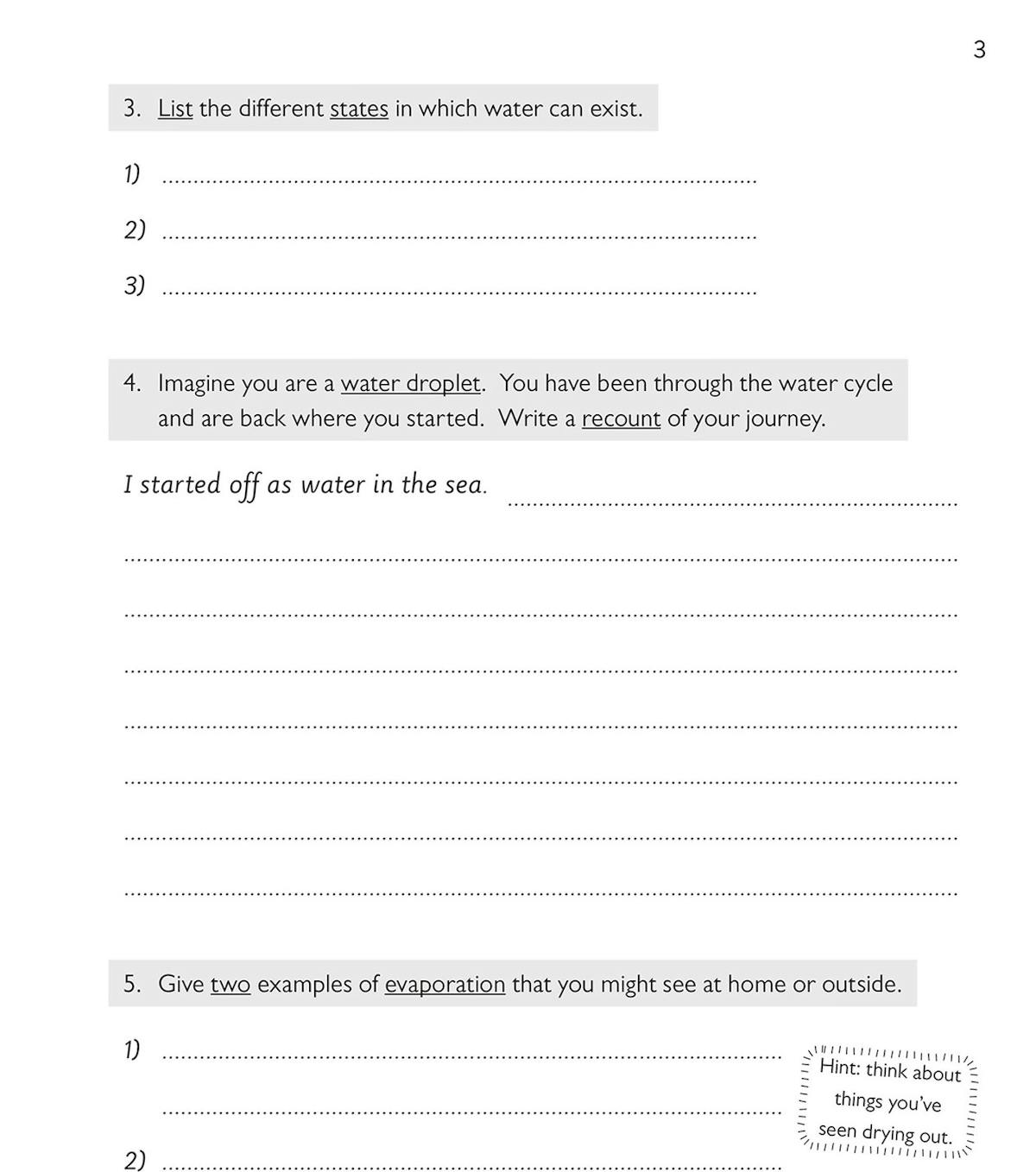 Water cycle activity page with labelling and creative writing tasks
