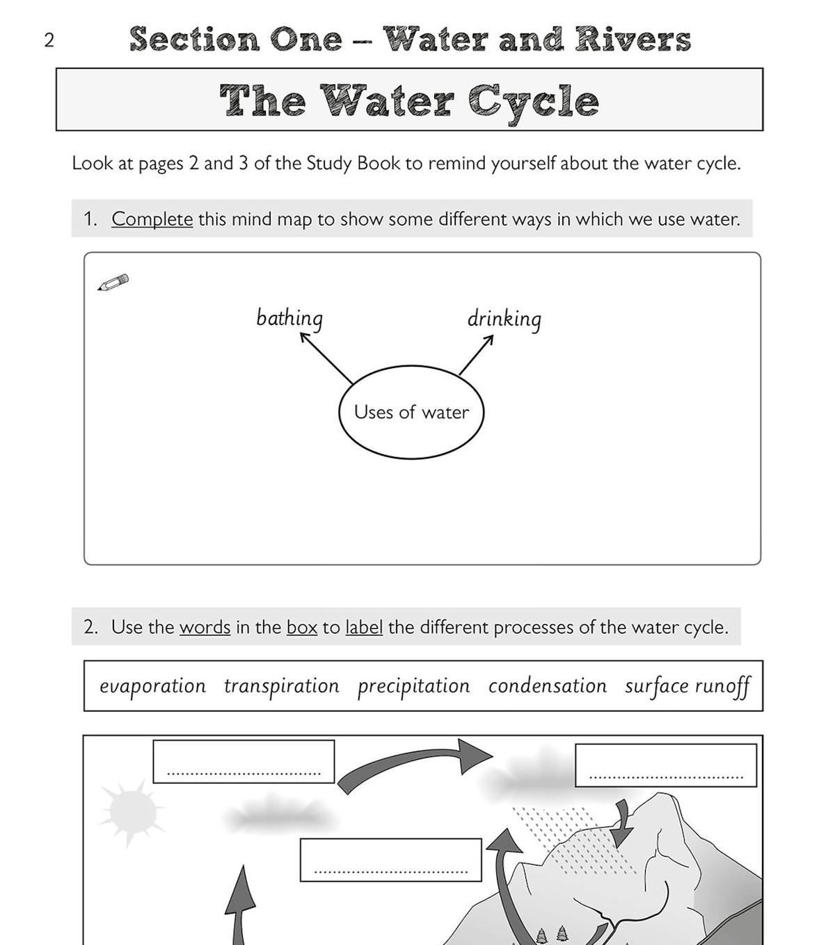 Rivers activity page covering water uses and the water cycle processes