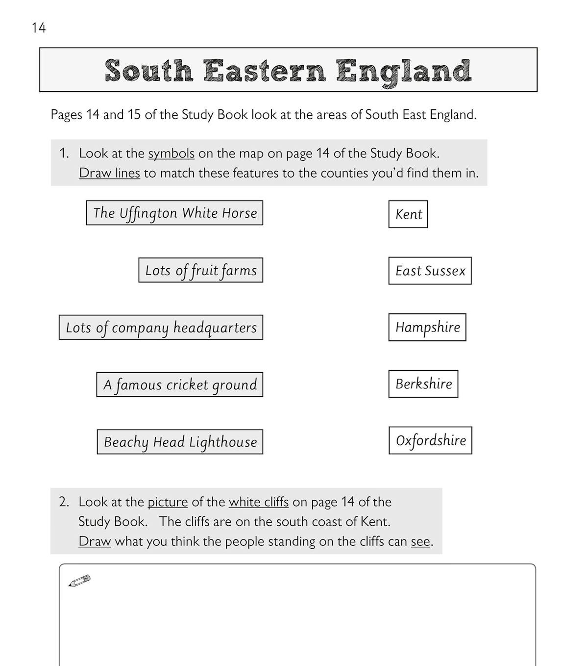 Activity page on South Eastern England with matching tasks and drawing exercises
