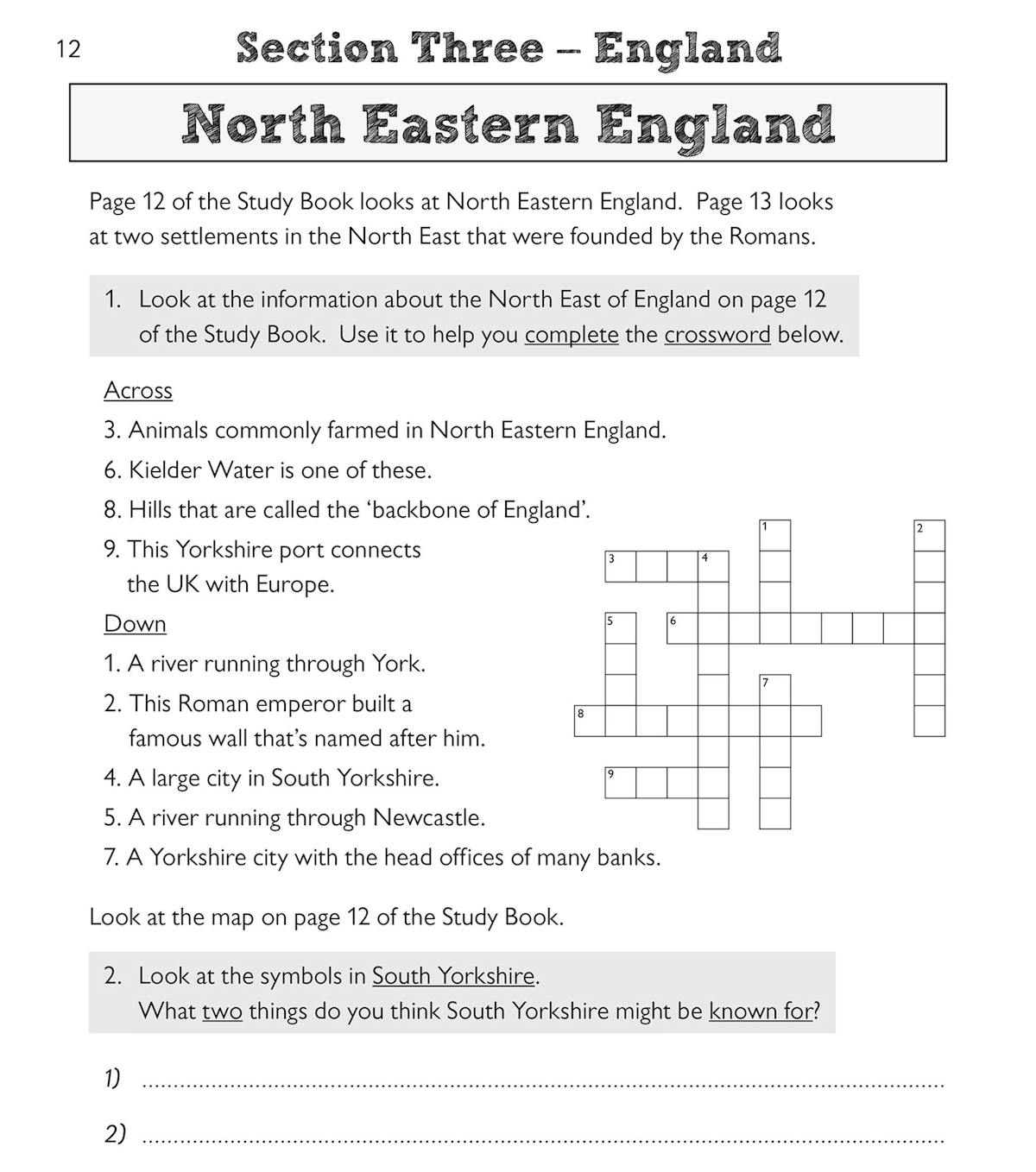 Sample activity page showing North Eastern England crossword and map questions
