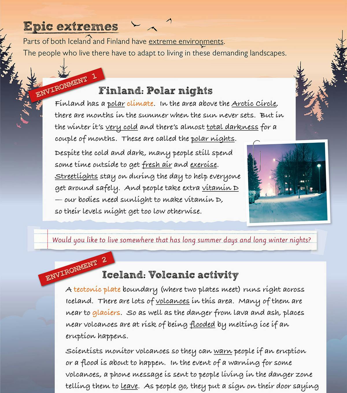 Page showing Epic Extremes section with content about Finland's polar nights and Iceland's volcanic activity