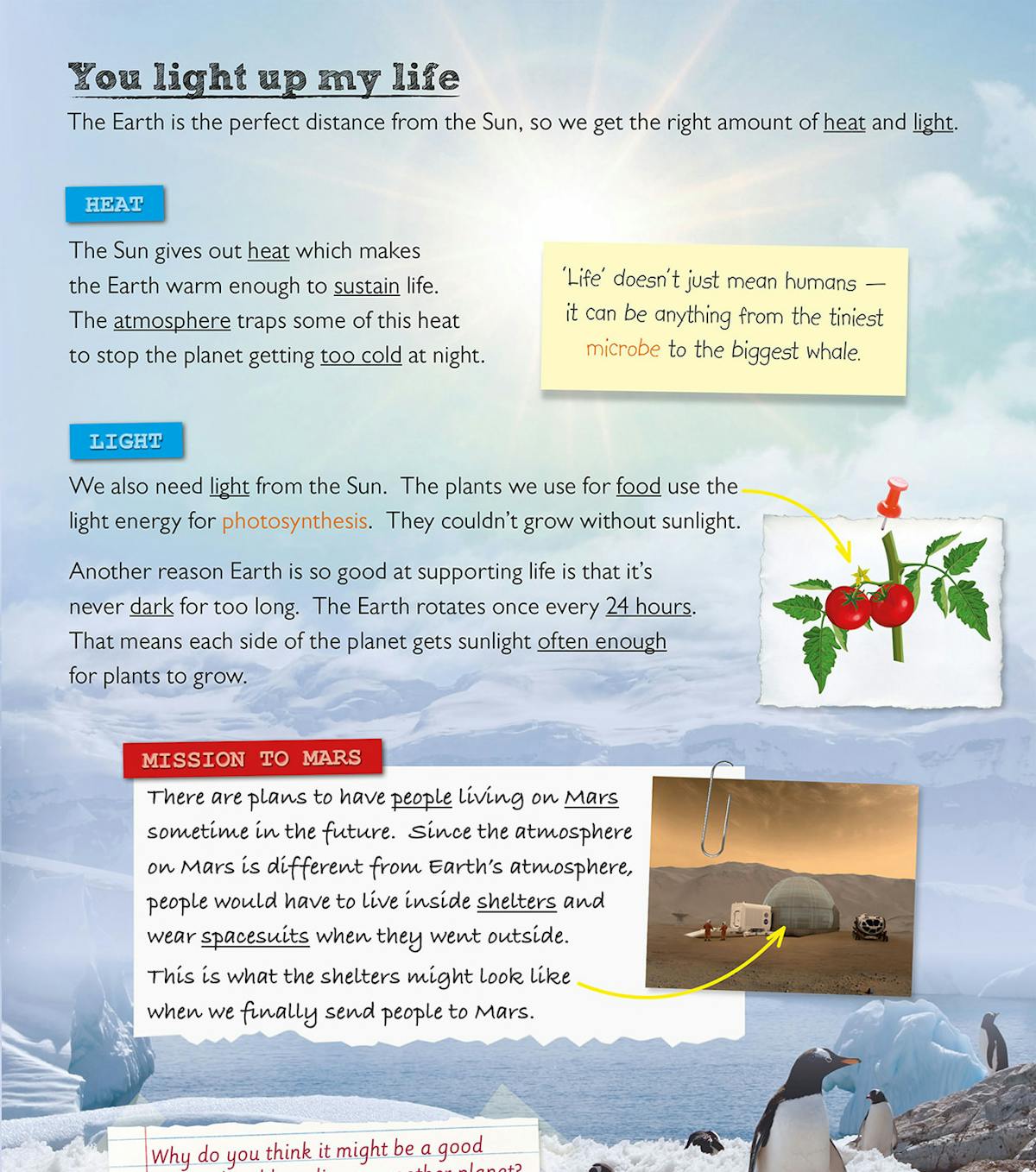 Page showing the solar system with planetary orbits and fact sheet about Earth