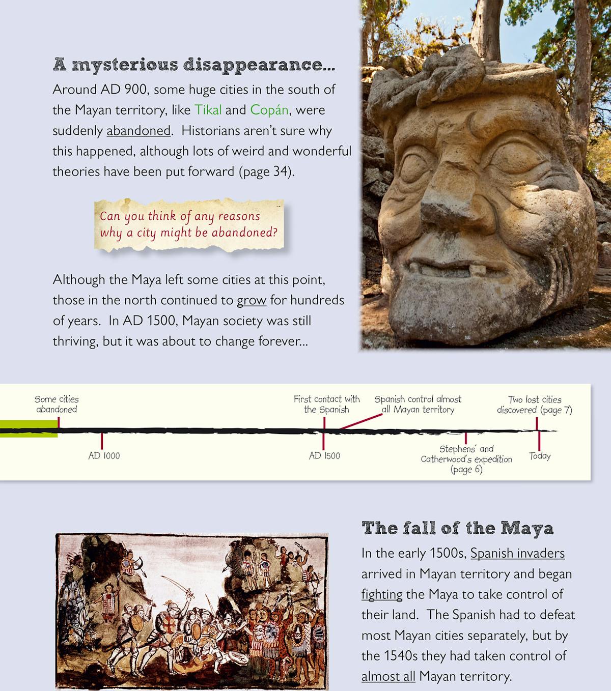 Page spread showing the mysterious abandonment of Mayan cities around AD 900, with a timeline and a large stone carving