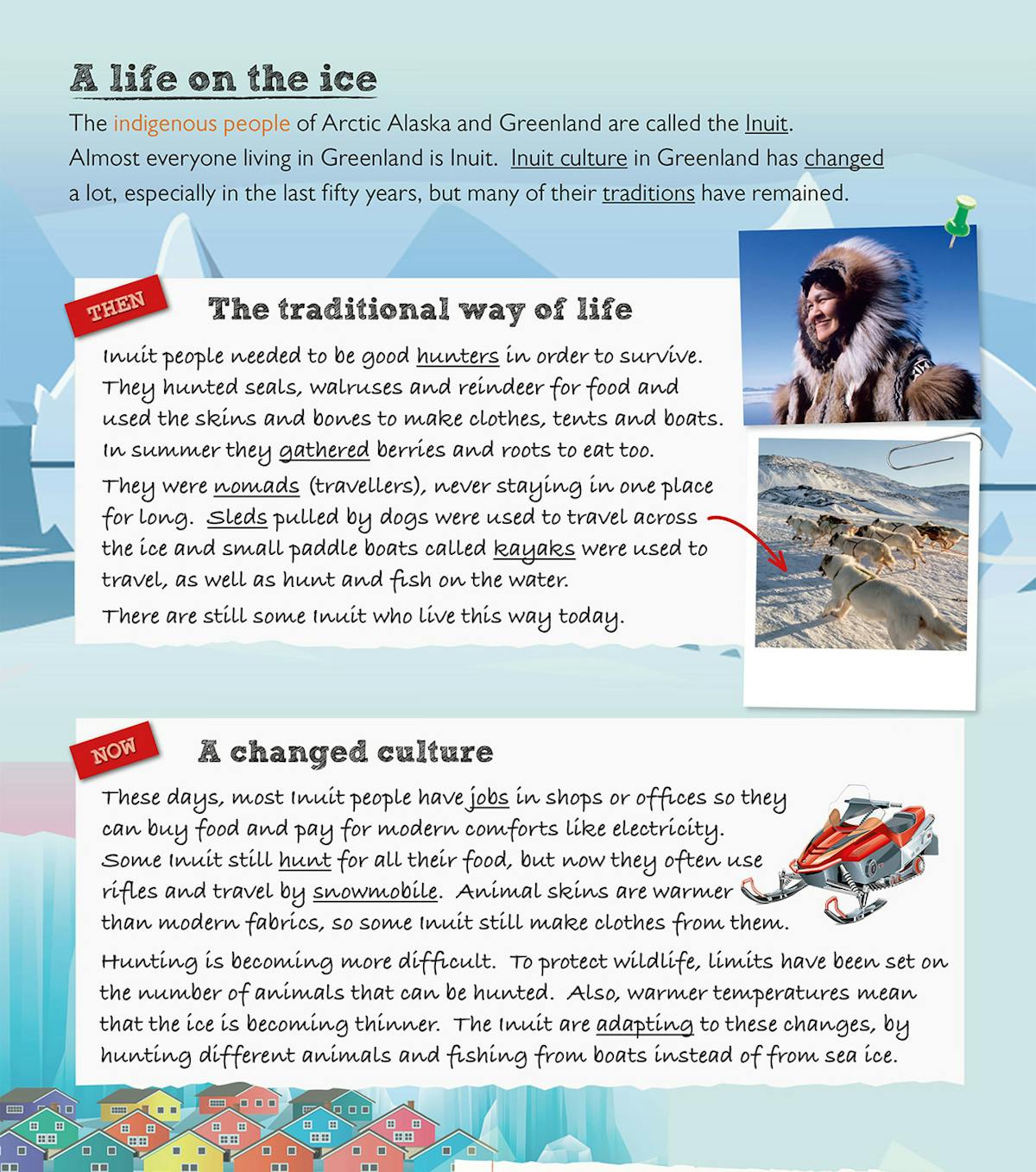 Colourful page showing Inuit culture with traditional and modern lifestyles, including photographs and illustrations