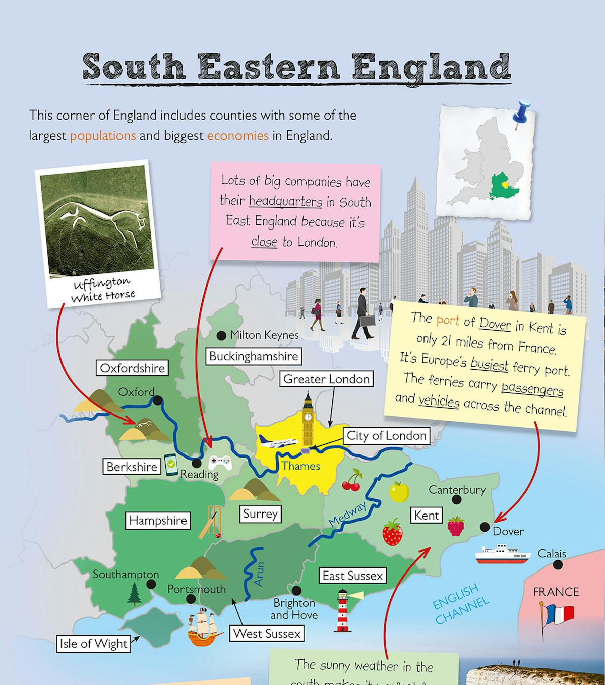 Illustrated map of South Eastern England highlighting counties, landmarks and economic information