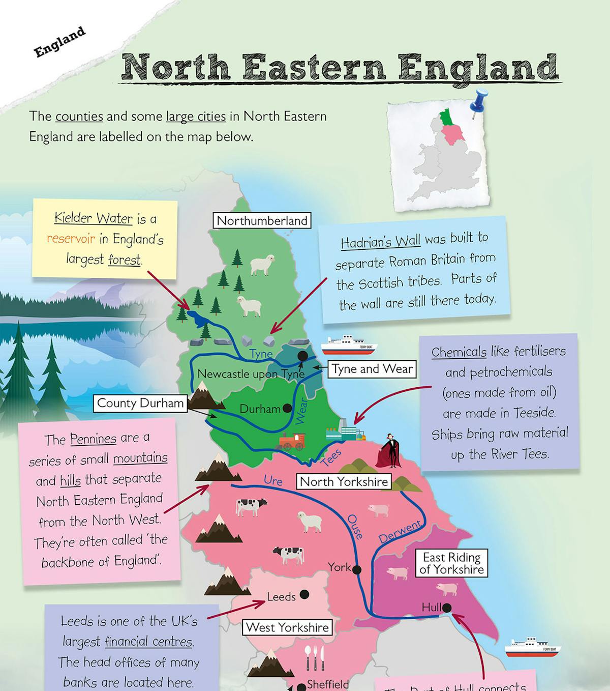 Colourful map page showing North Eastern England with labelled counties, cities and geographical features