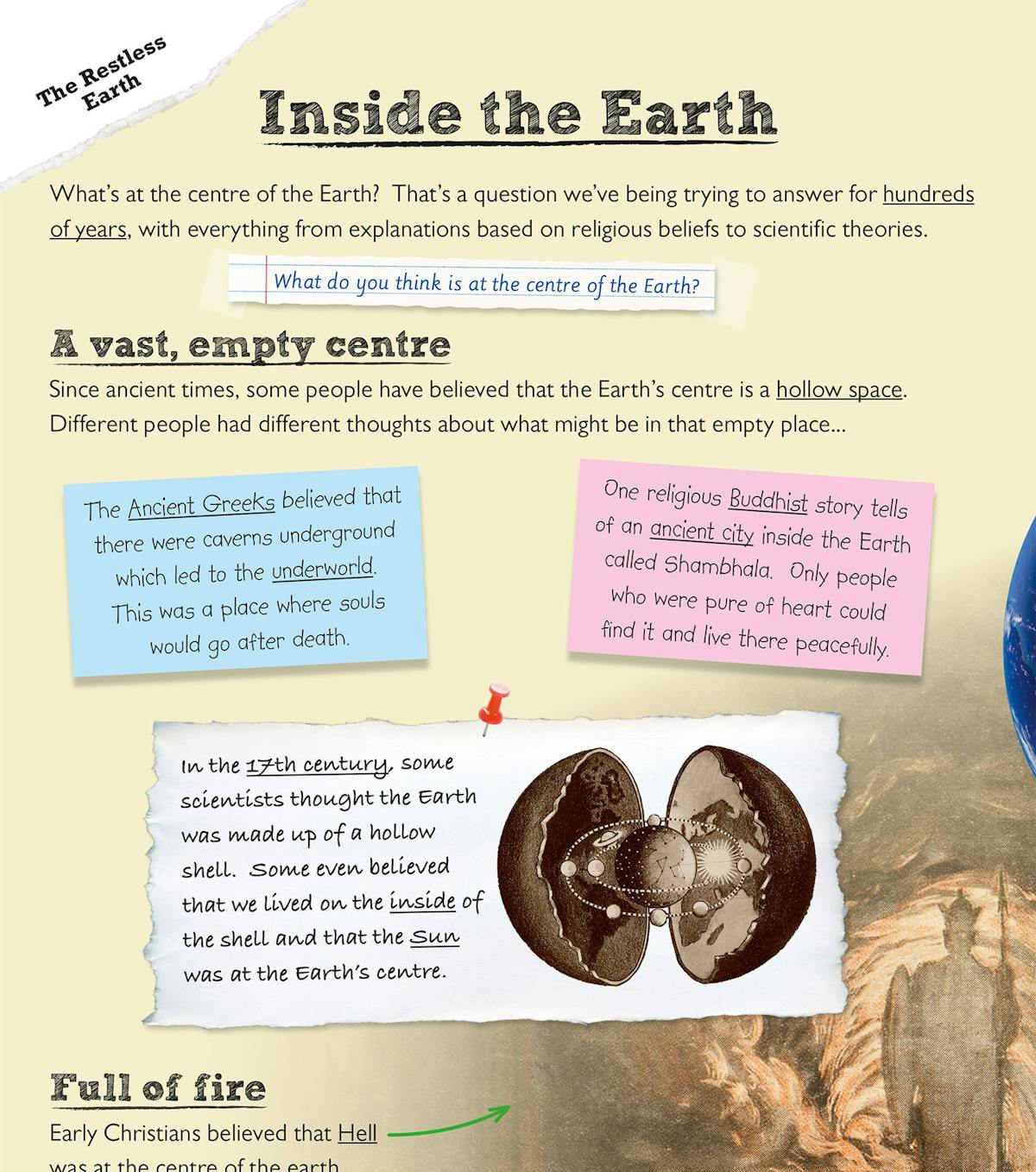 Inside the Earth section showing historical theories about the Earth's centre and the structure of tectonic plates
