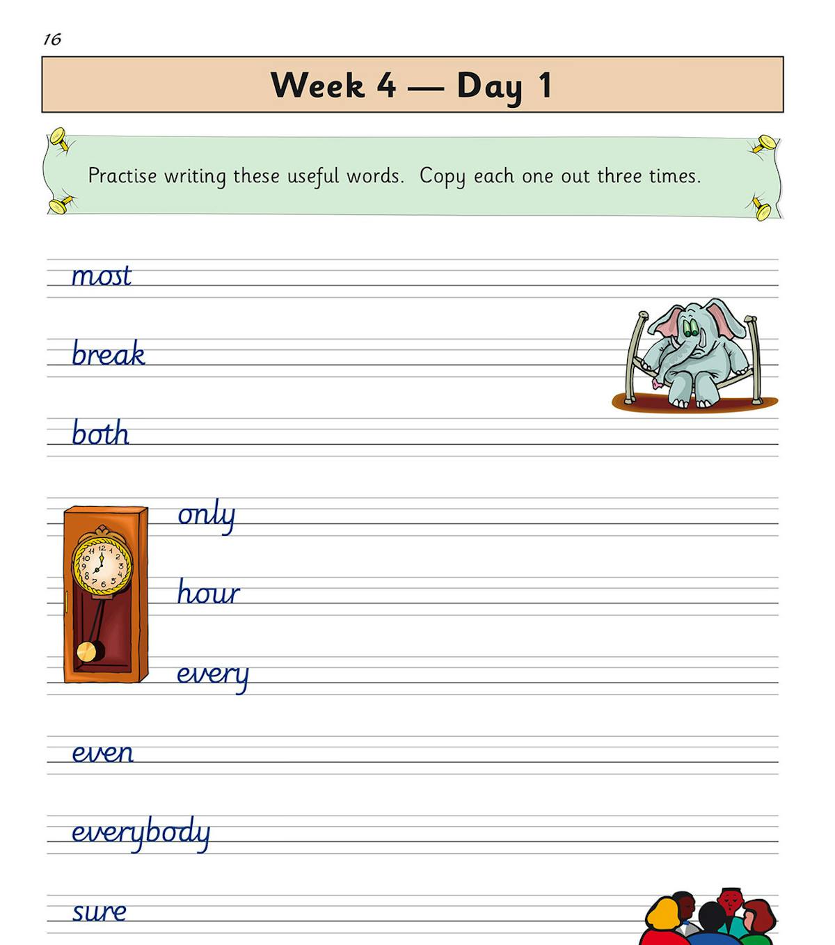 Daily handwriting practice page showing useful words with guided lines and fun illustrations