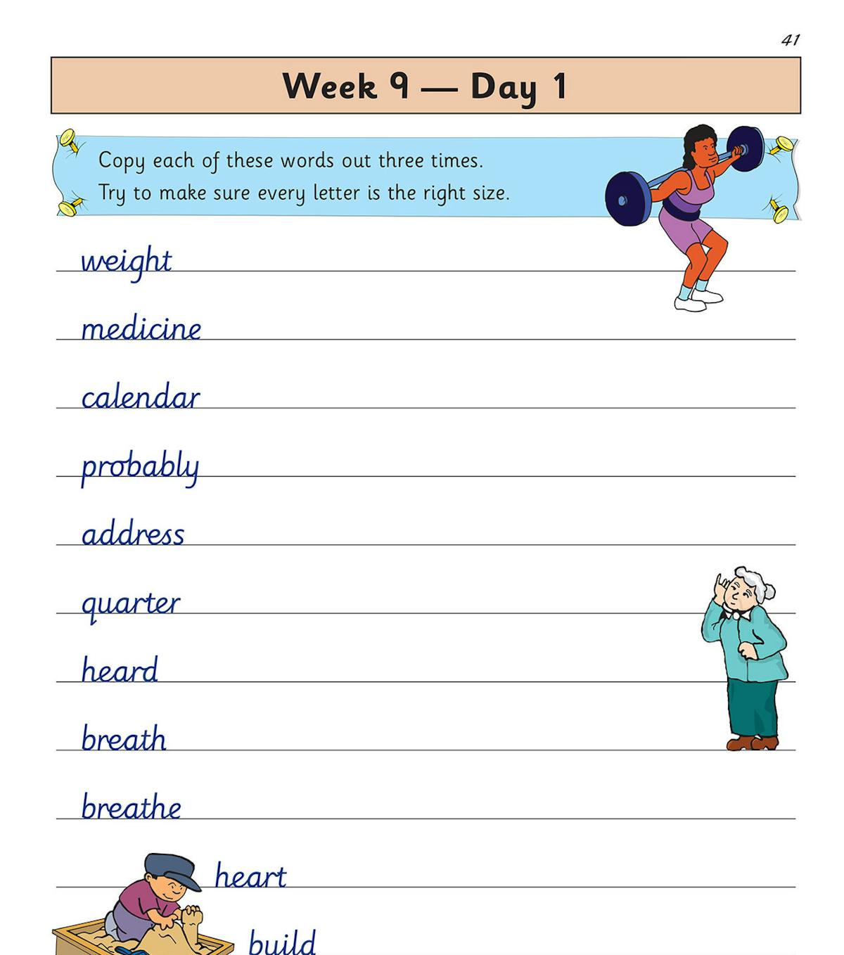 Sample practice page with guided letter formation and fun illustrations