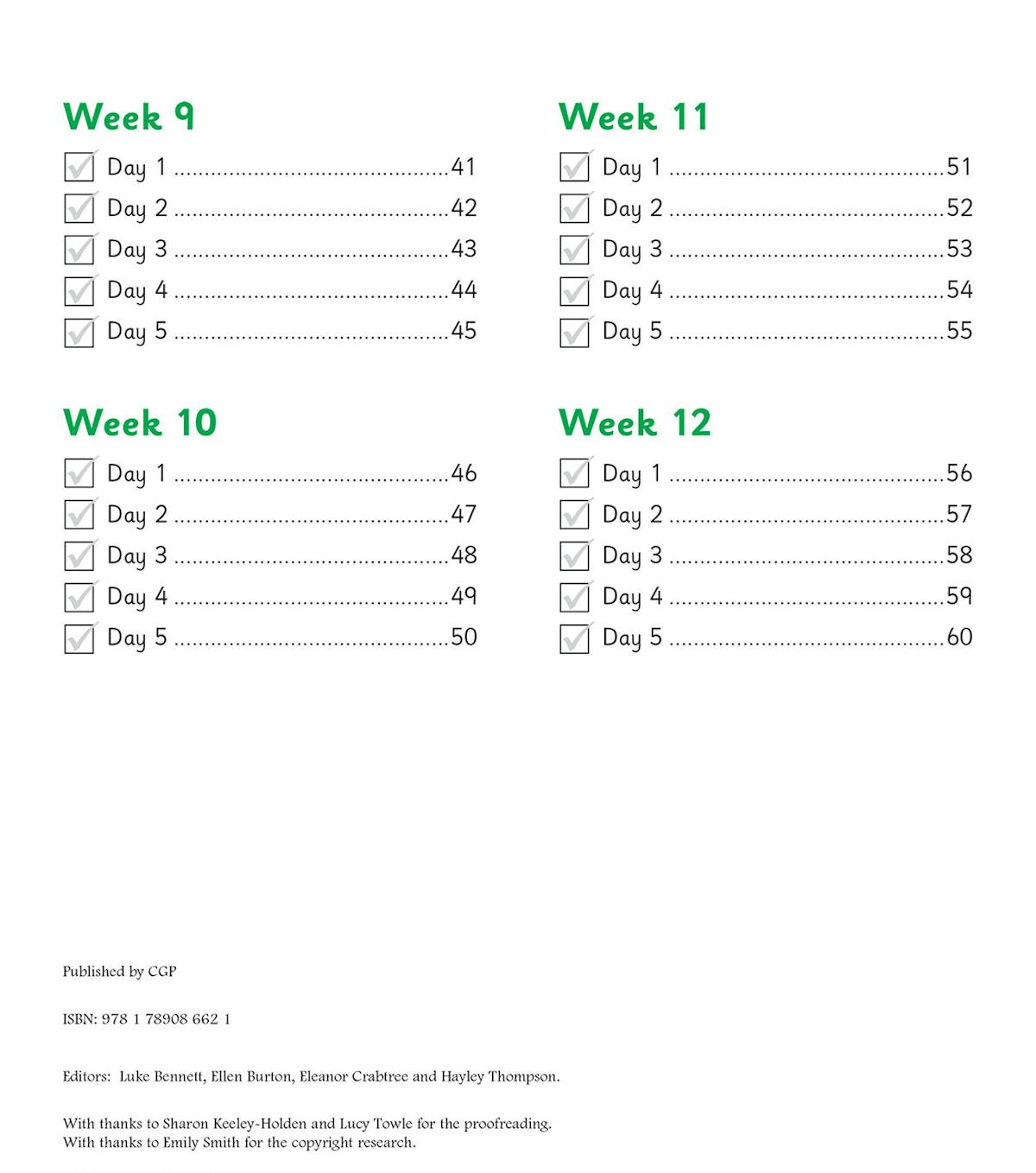 Contents page showing the daily practice structure with weekly checkboxes