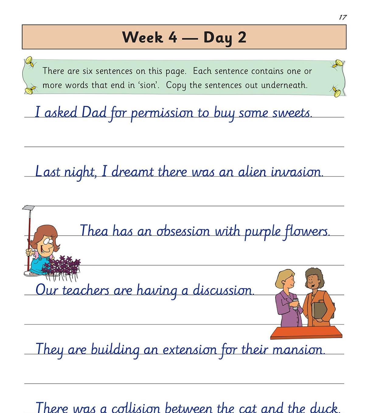 Example practice page showing Week 4 Day 2 with sentences to copy