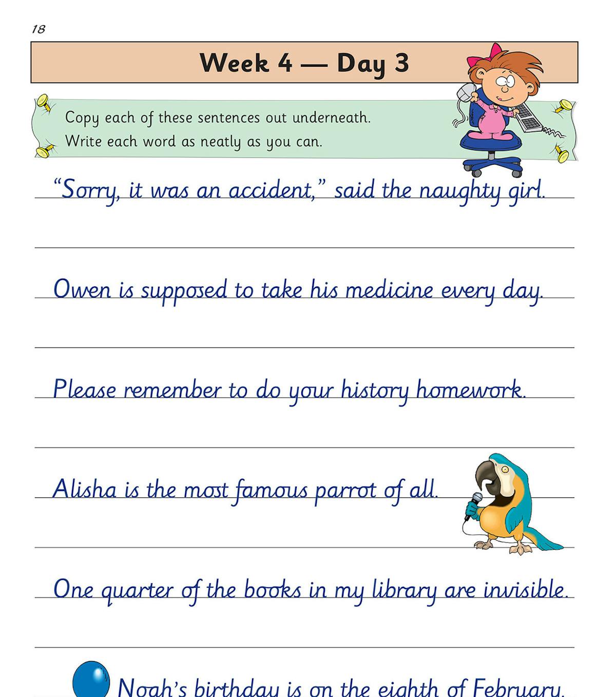 Week 4 Day 3 practice page with sentences and illustrations