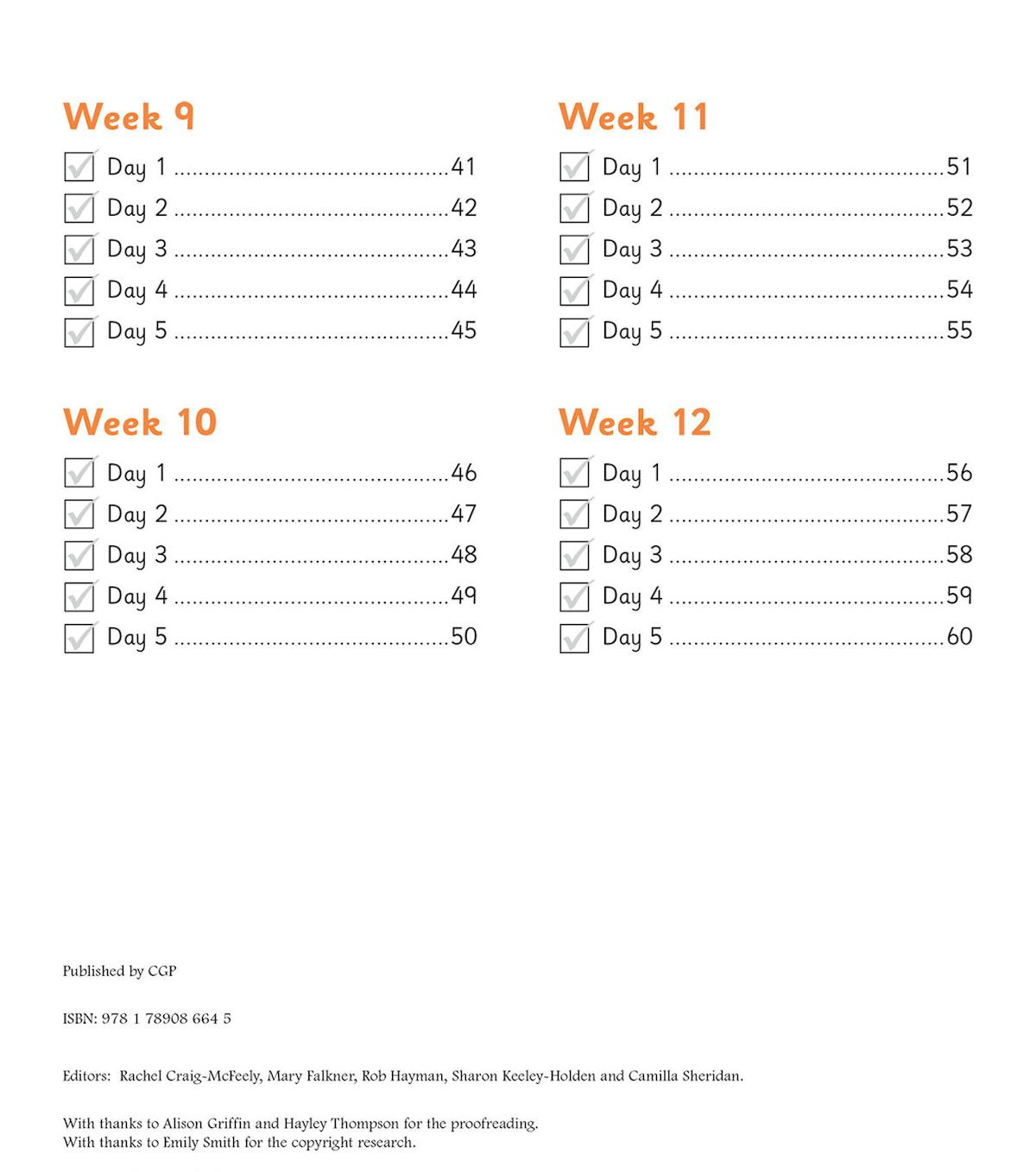 Contents page showing weekly structure with checkboxes for each day of practice