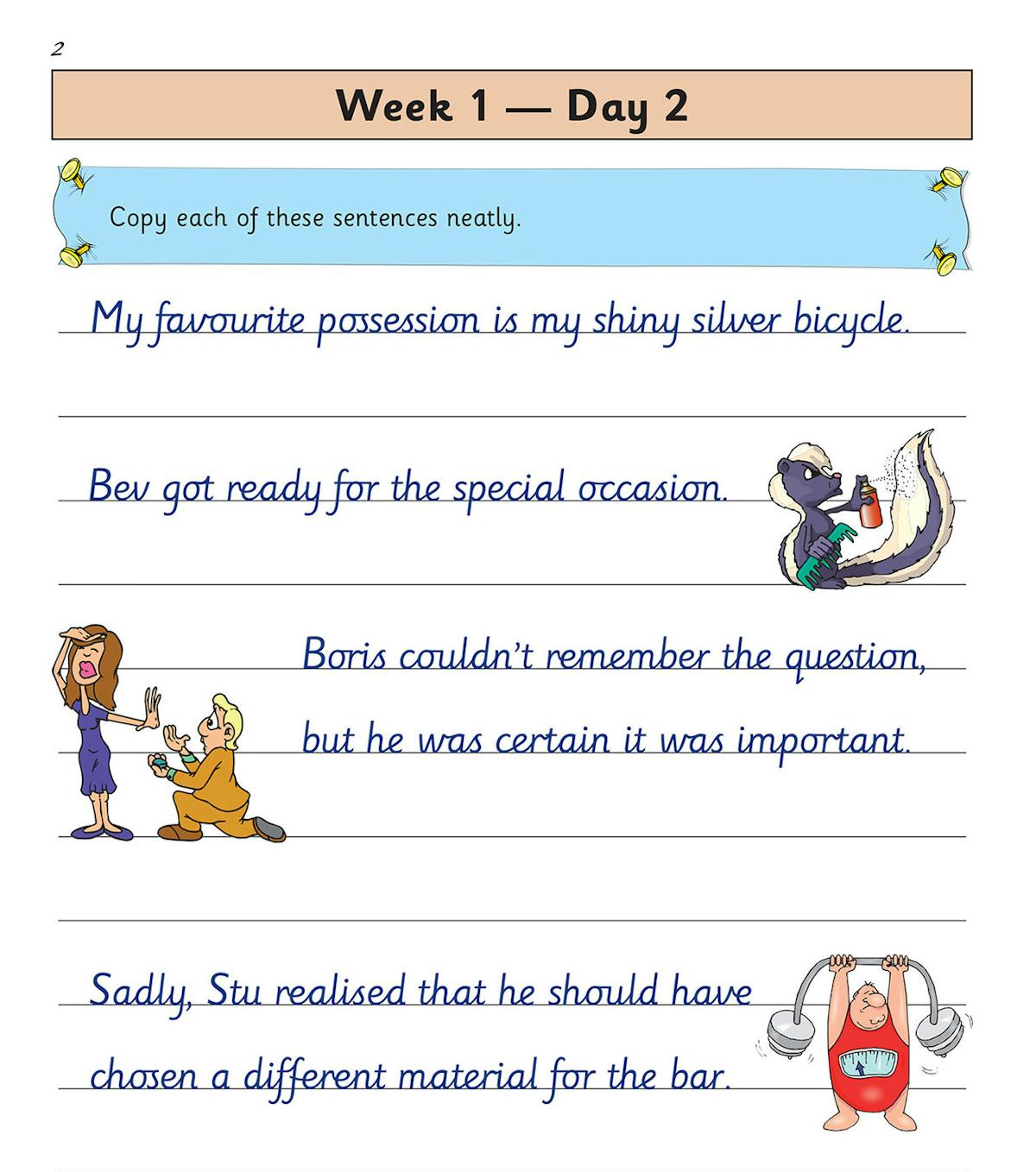 Sample practice page showing sentences to copy with fun illustrations and self-assessment smiley faces