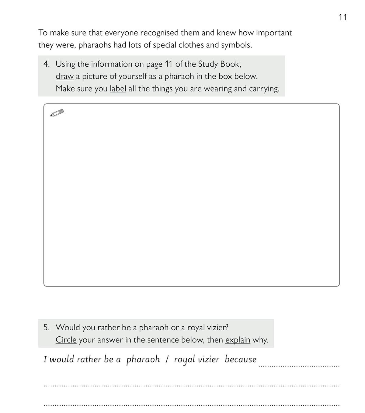 Activity page inviting pupils to draw and label a pharaoh