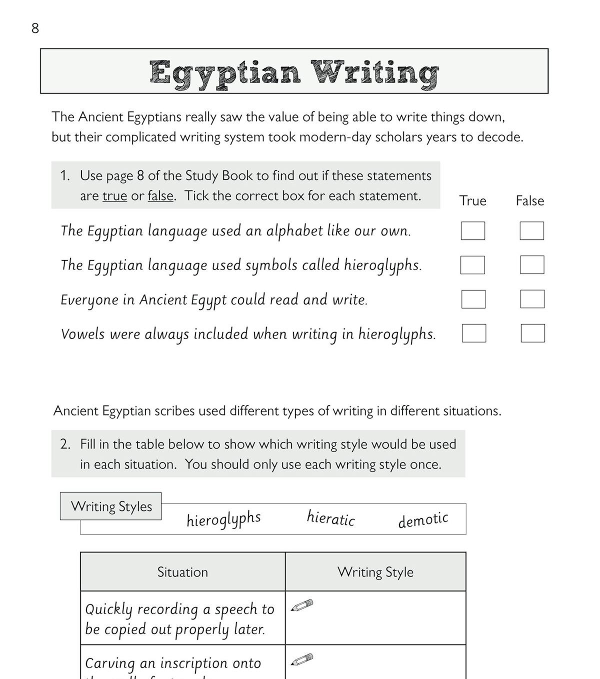 Sample activity page on Egyptian writing systems