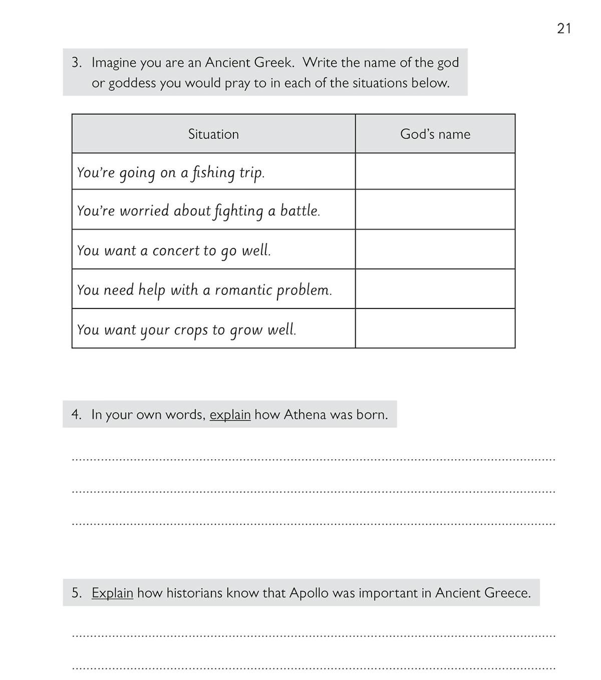 Activity page exploring Ancient Greek beliefs and gods