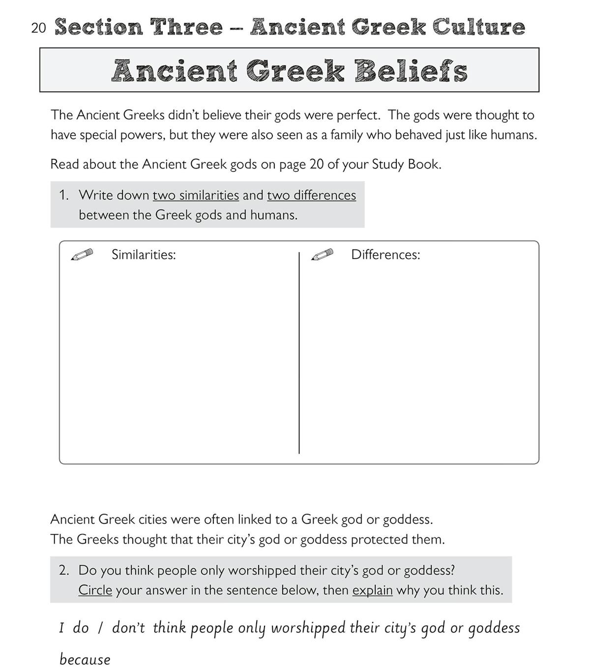 Activity page on Ancient Greek culture with learning objective tick-boxes