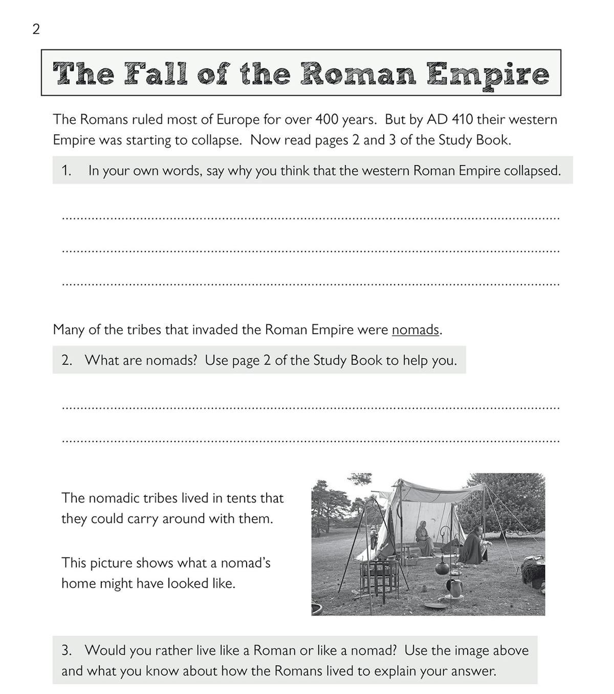 Sample page showing thought-provoking Anglo-Saxon history questions with learning objective tick-boxes