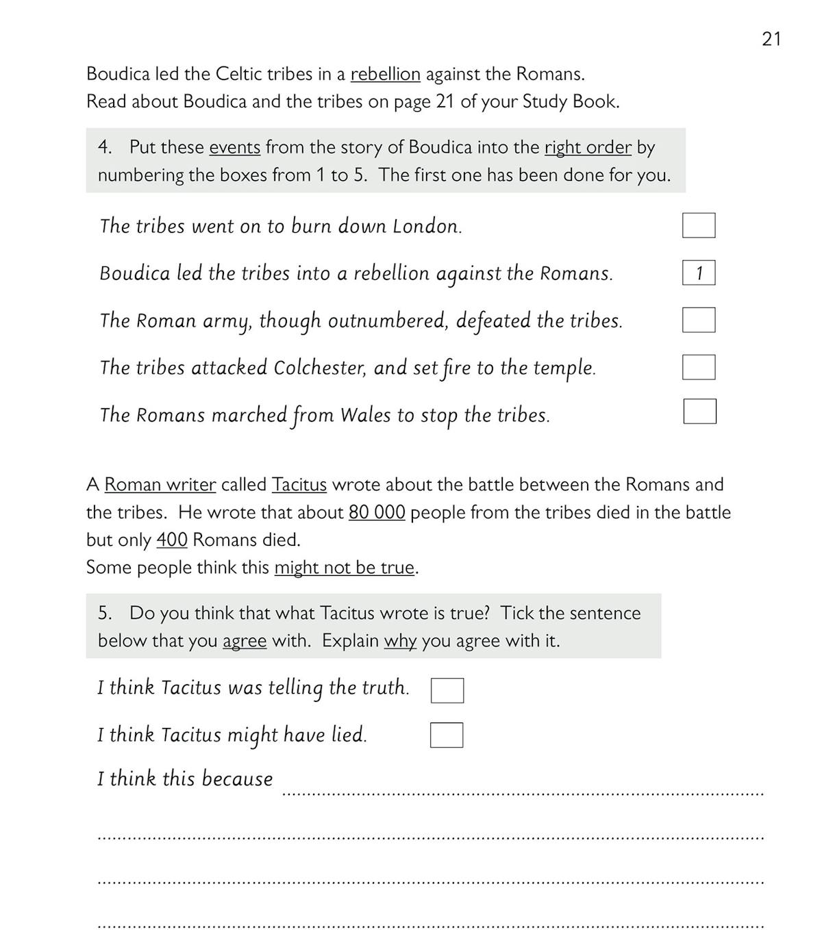 Sample activity page showing questions about Boudica's rebellion against the Romans