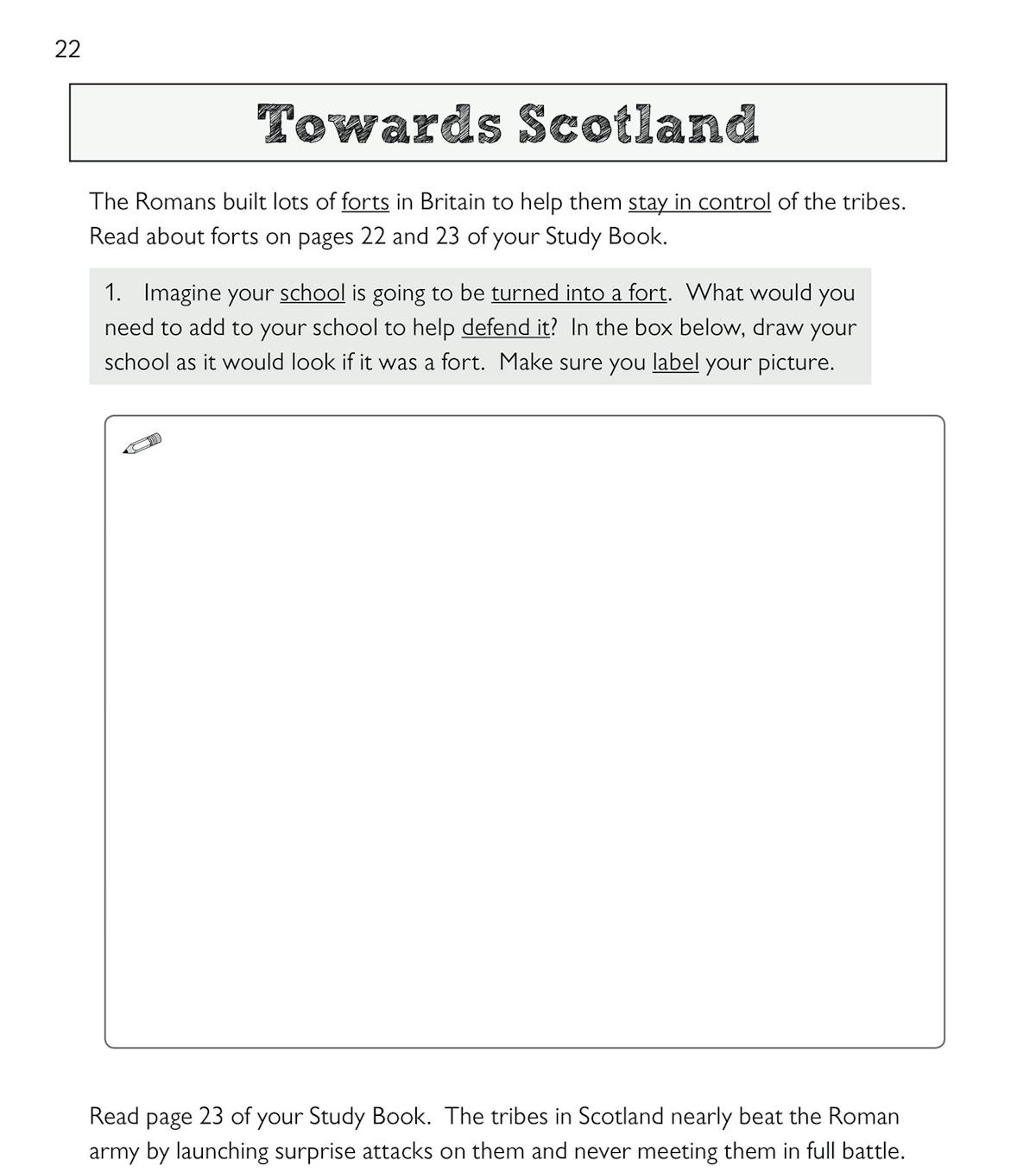 Activity page about Roman forts in Scotland with space for pupils to draw and explain