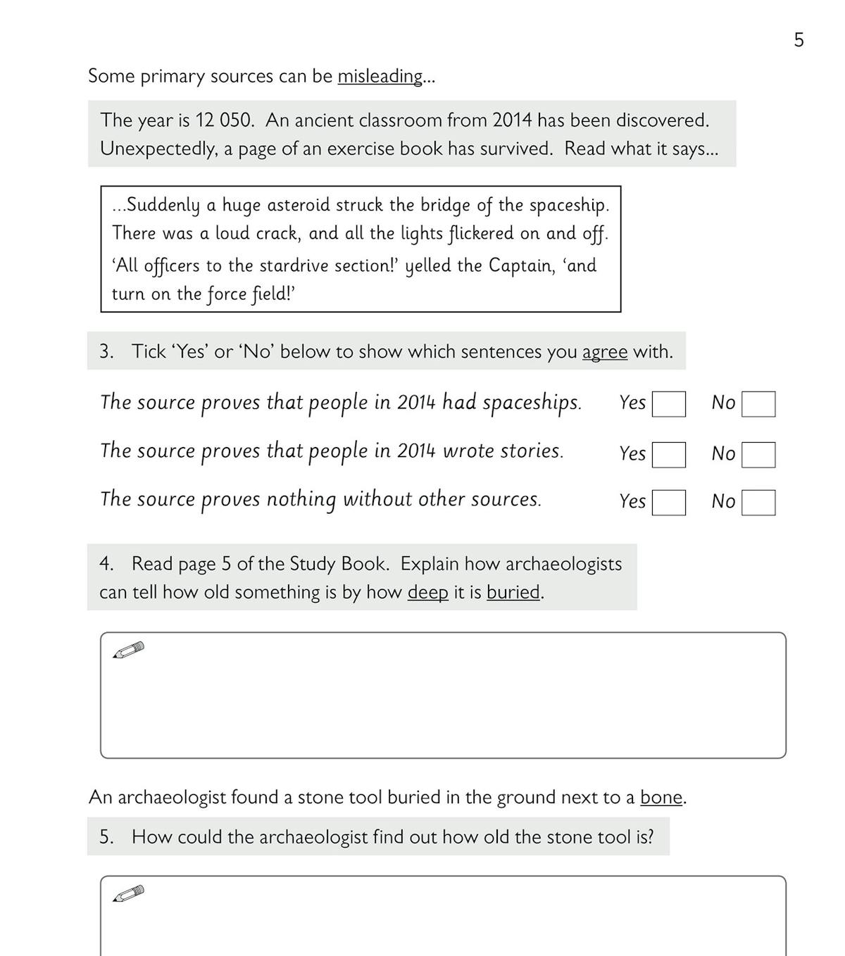 Inside page showing prehistoric archaeology and material survival questions